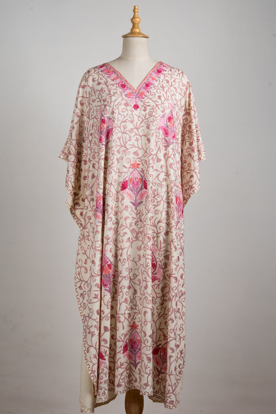 Rosy Vines Aari Embroidered Kaftans in Cream Beige