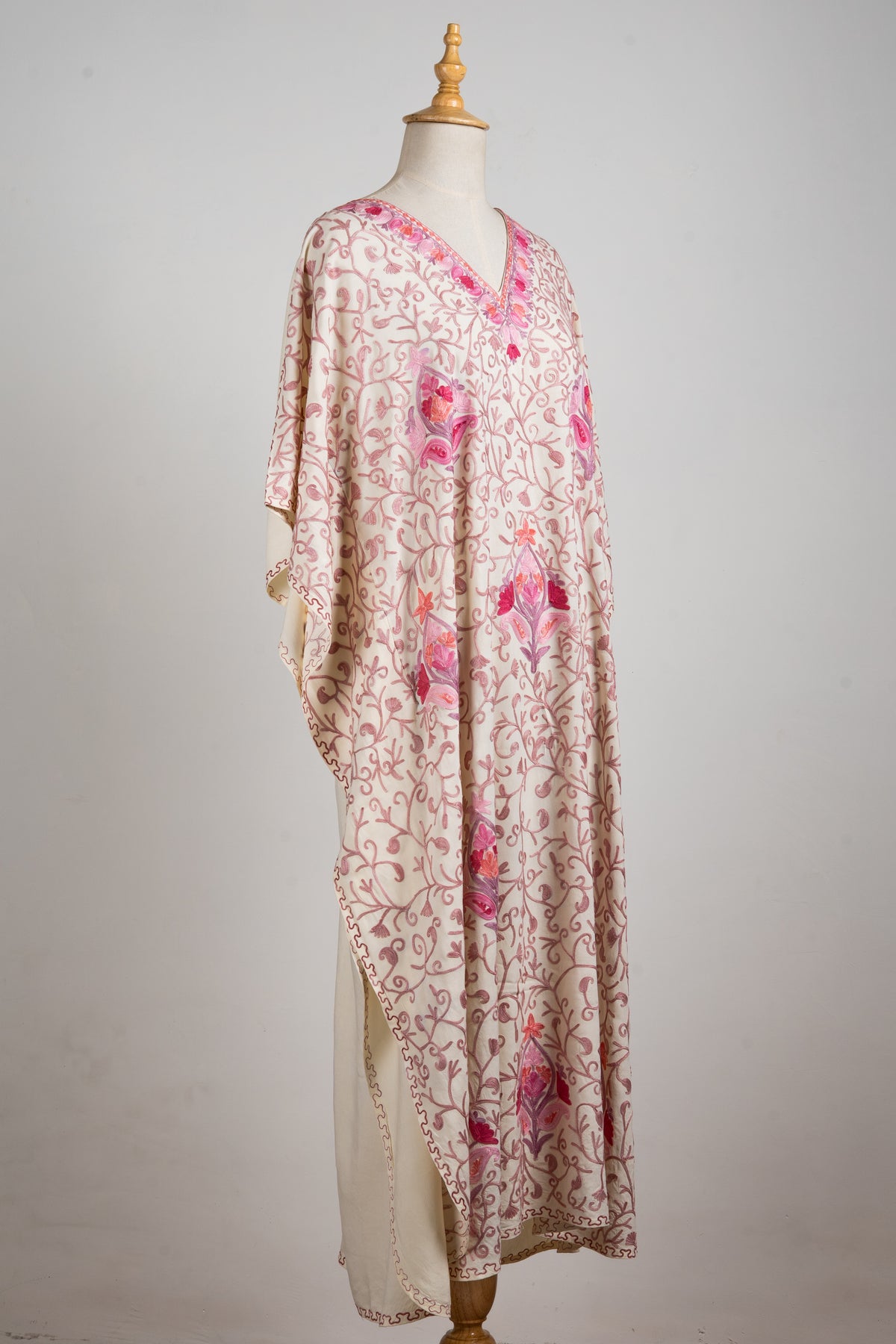 Rosy Vines Aari Embroidered Kaftans in Cream Beige