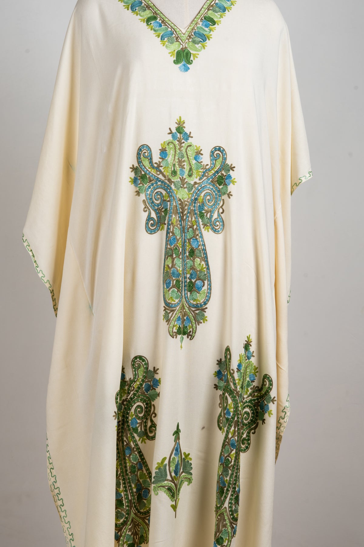 Emerald Flourish Aari Embroidered Kaftans in Ivory White
