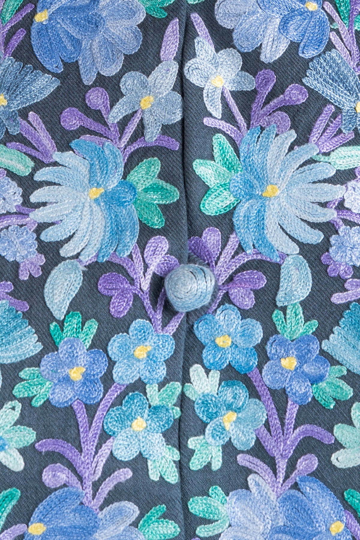 Macro view of the jacket front with raised blue and teal flowers, purple stems and a matching covered button.