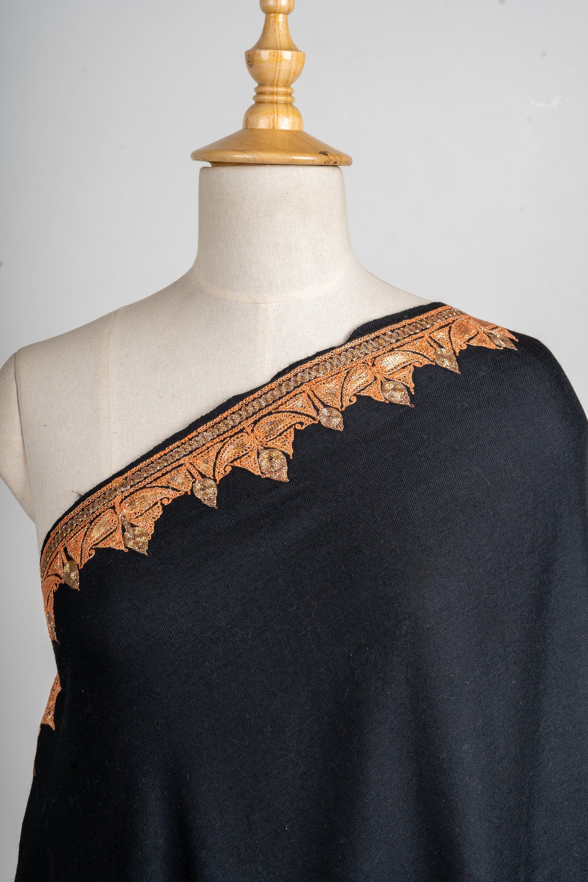 Midnight Elegance Merino Wool Shawl with Tilla Embroidery
