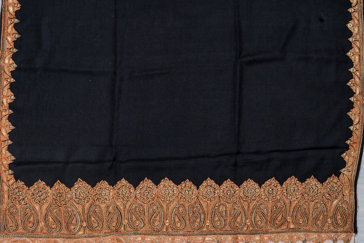 Midnight Elegance Merino Wool Shawl with Tilla Embroidery