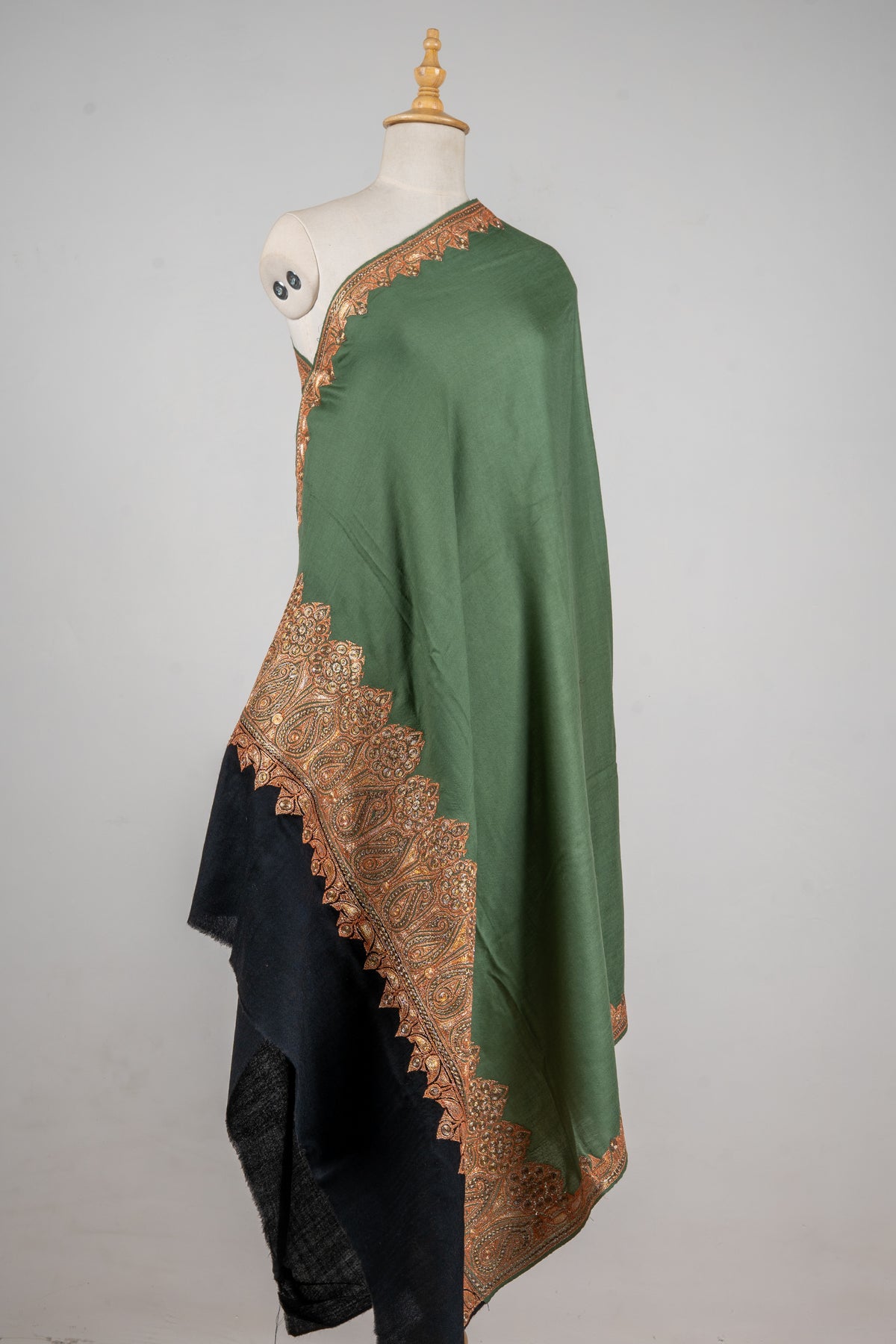 Olive Whisper Merino Wool Shawl with Tilla Detailing