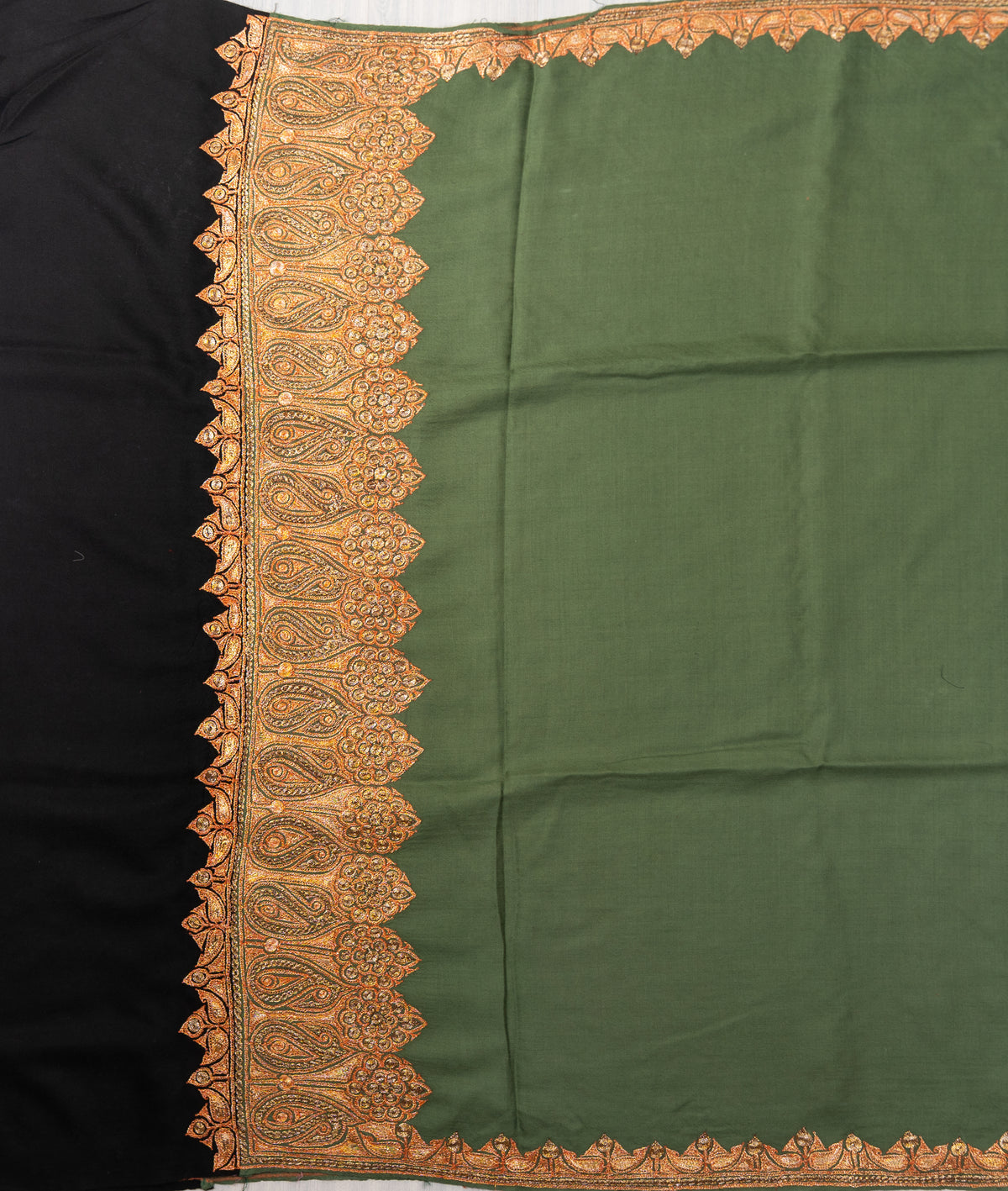 Olive Whisper Merino Wool Shawl with Tilla Detailing