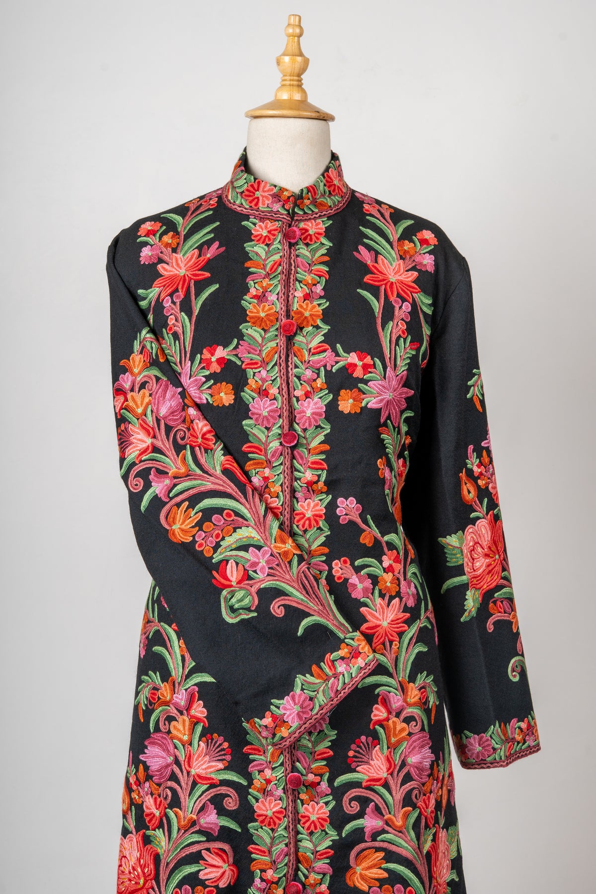 Meadow Charm Aari Hand-Embroidered Long Jacket in Pure Wool
