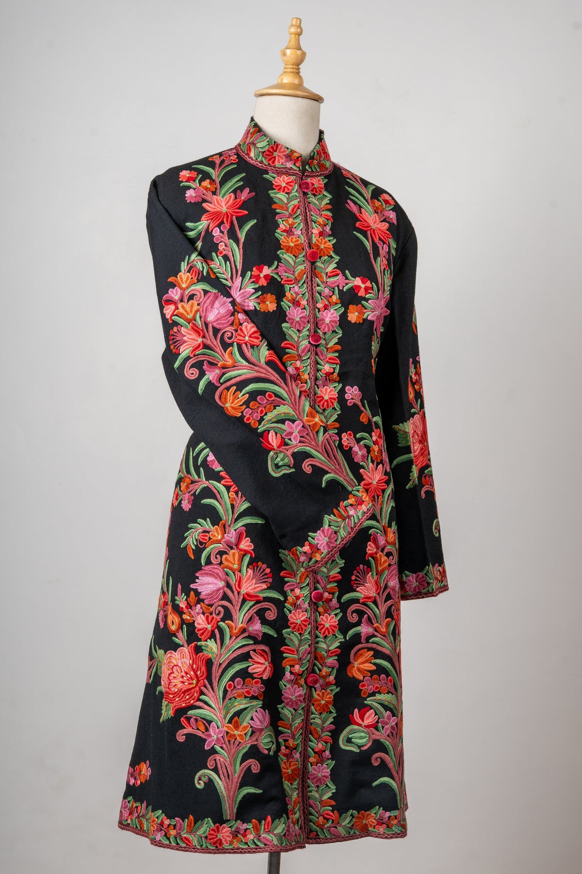 Meadow Charm Aari Hand-Embroidered Long Jacket in Pure Wool