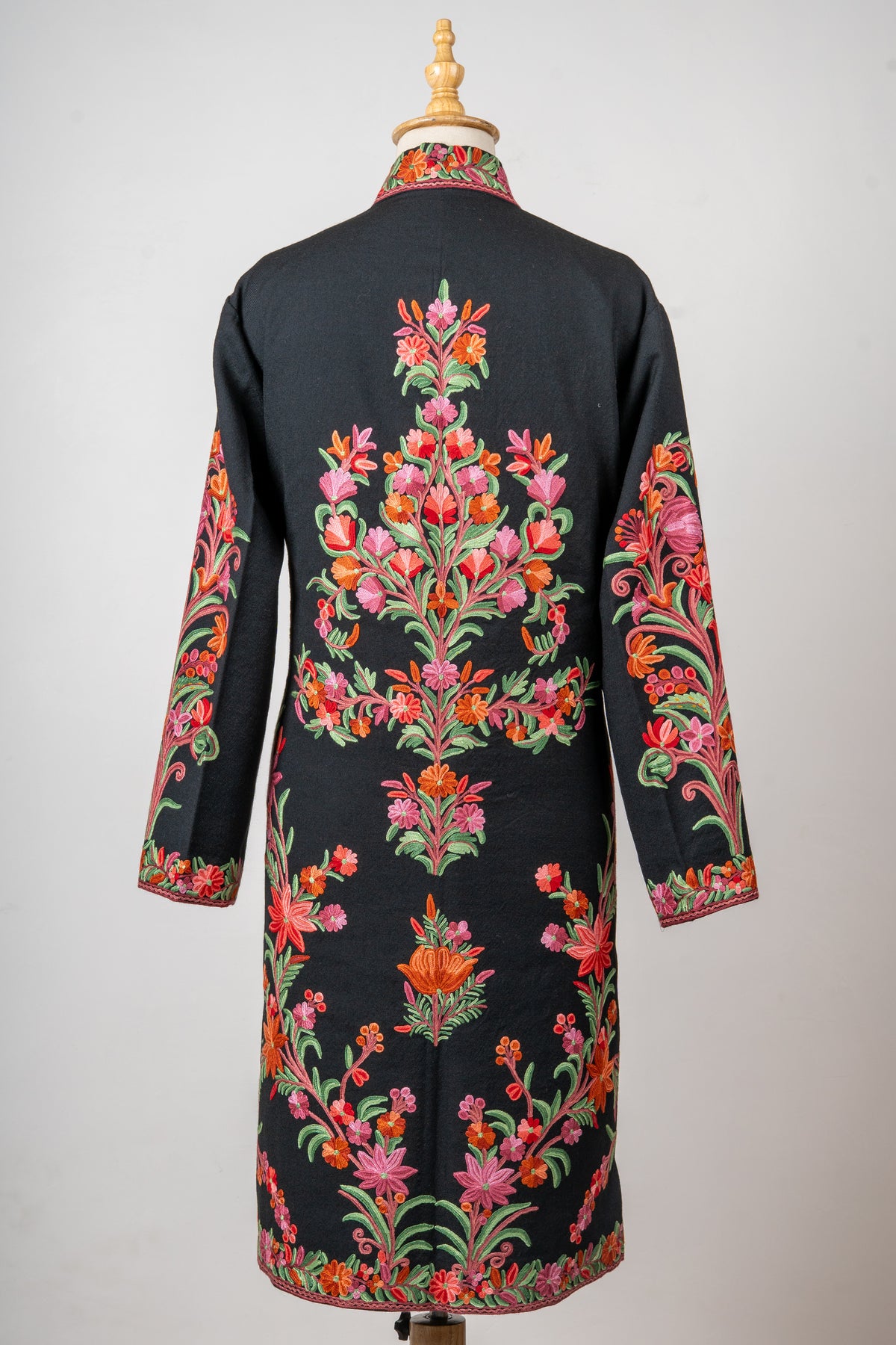 Meadow Charm Aari Hand-Embroidered Long Jacket in Pure Wool
