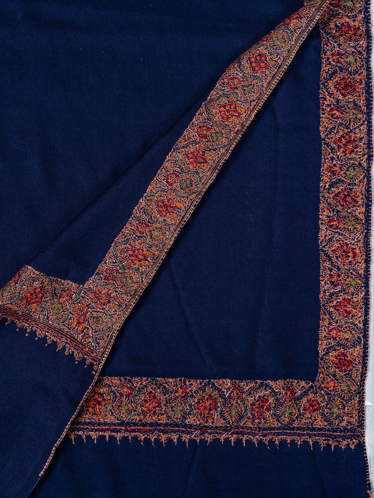 2.5 Yards: Sozni Hand Embroidered Pashmina: Royal Blue Heritage Border