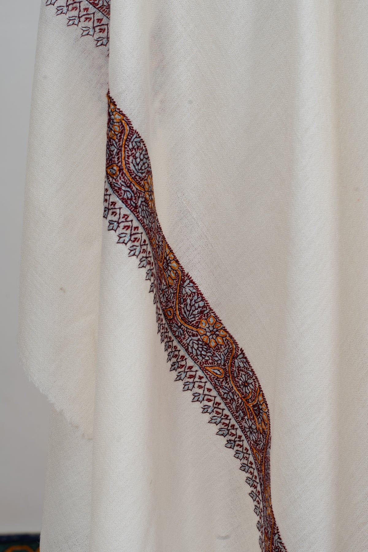 Pearl Mist: Merino Wool Hand Embroidered 2.5 Yards Shawl