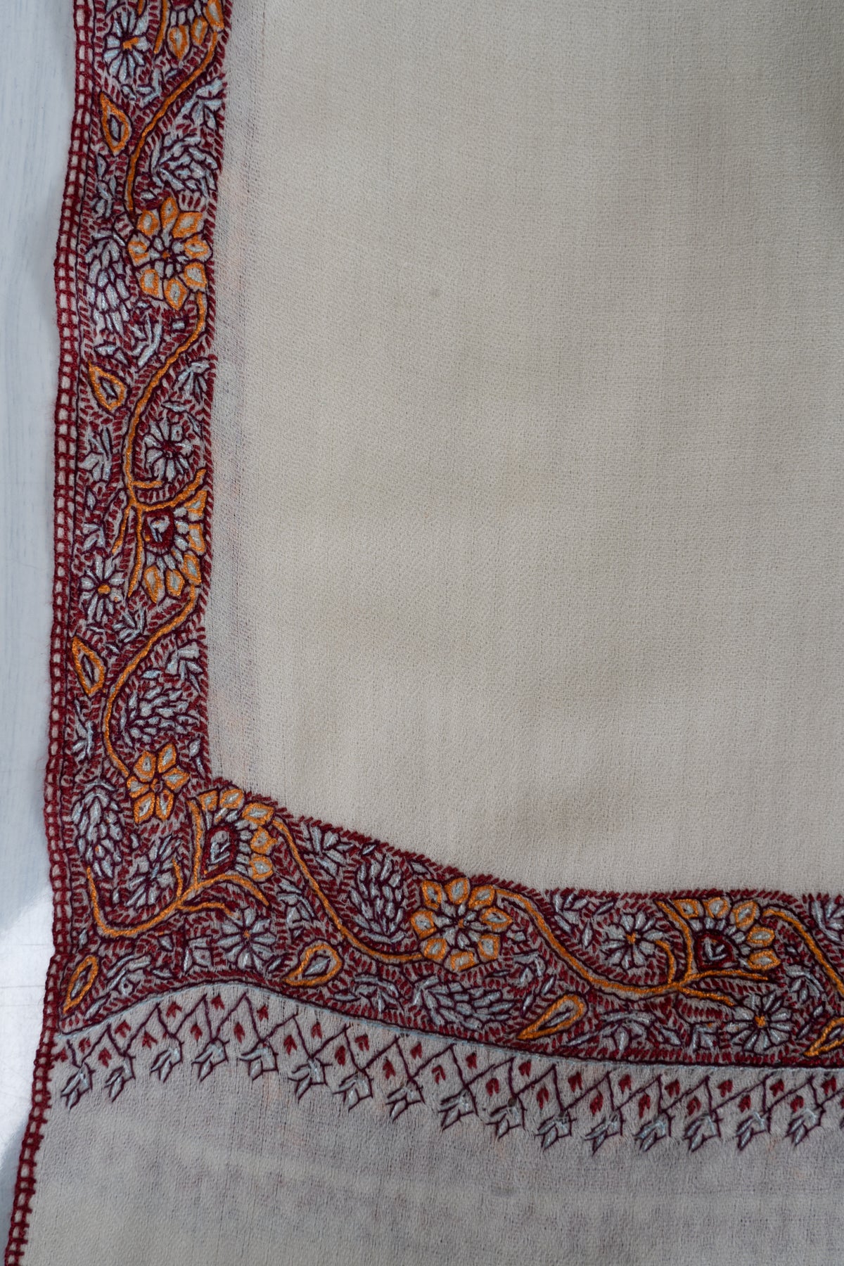Pearl Mist: Merino Wool Hand Embroidered 2.5 Yards Shawl