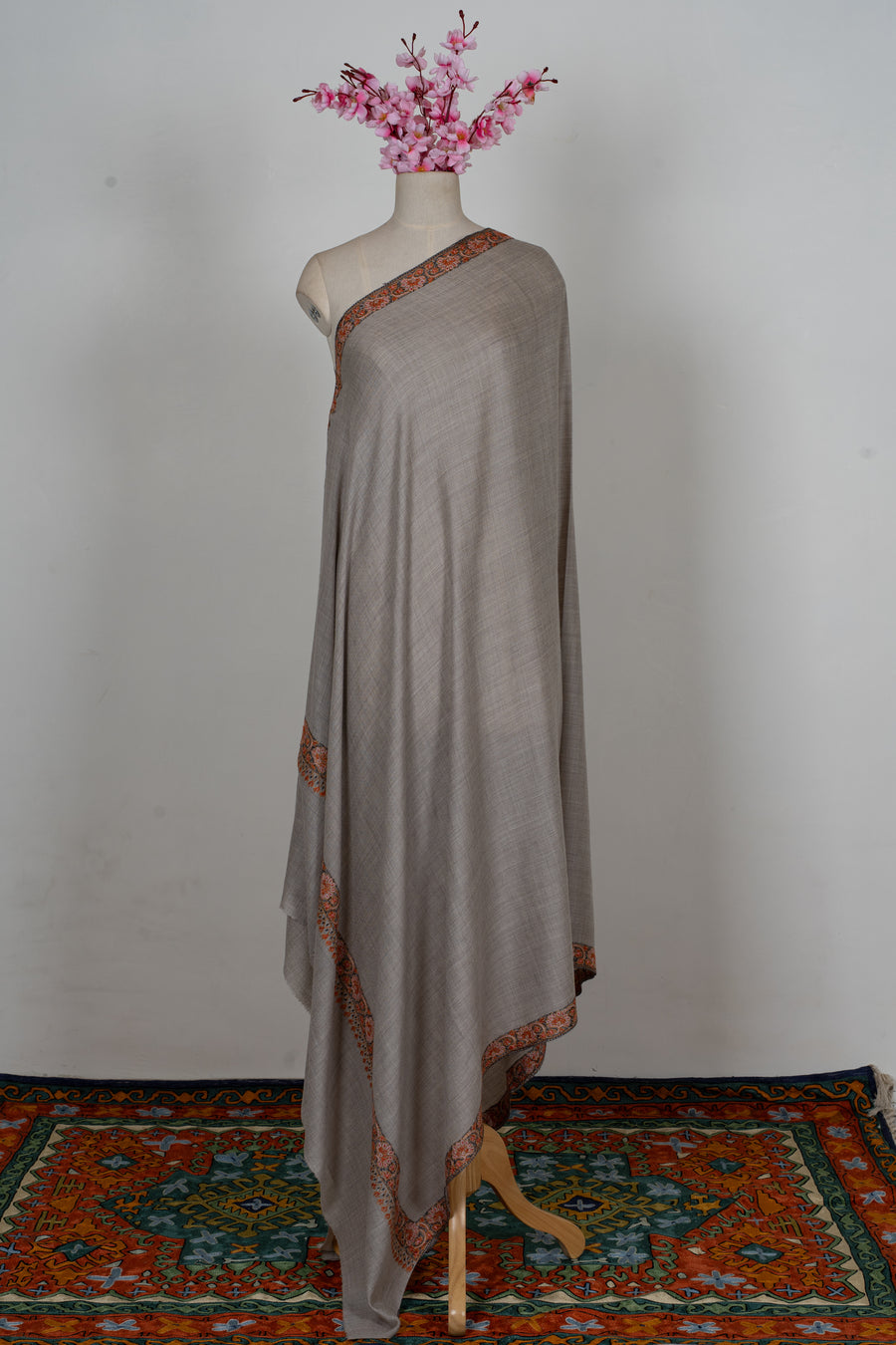 Ashwood Grace: Merino Wool Hand Embroidered 2.5 Yards Shawl