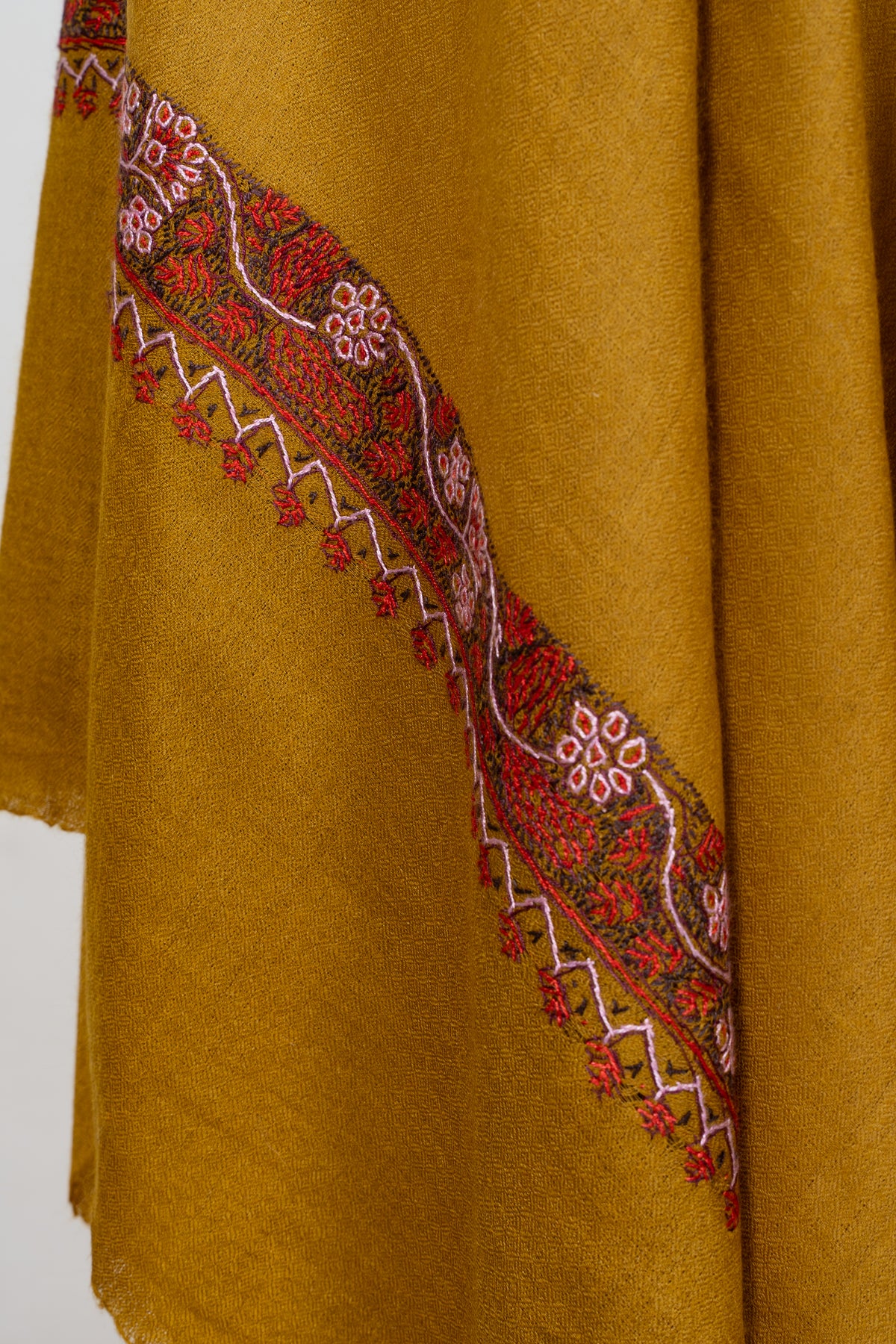 Golden Saffron: Merino Wool Hand Embroidered 2.5 Yards Shawl