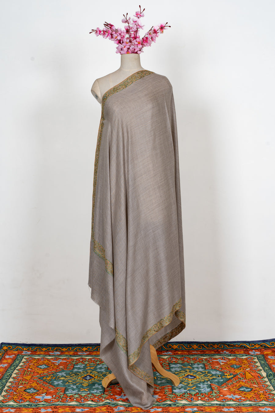 Meadow Taupe: Merino Wool Hand Embroidered 2.5 Yards Shawl