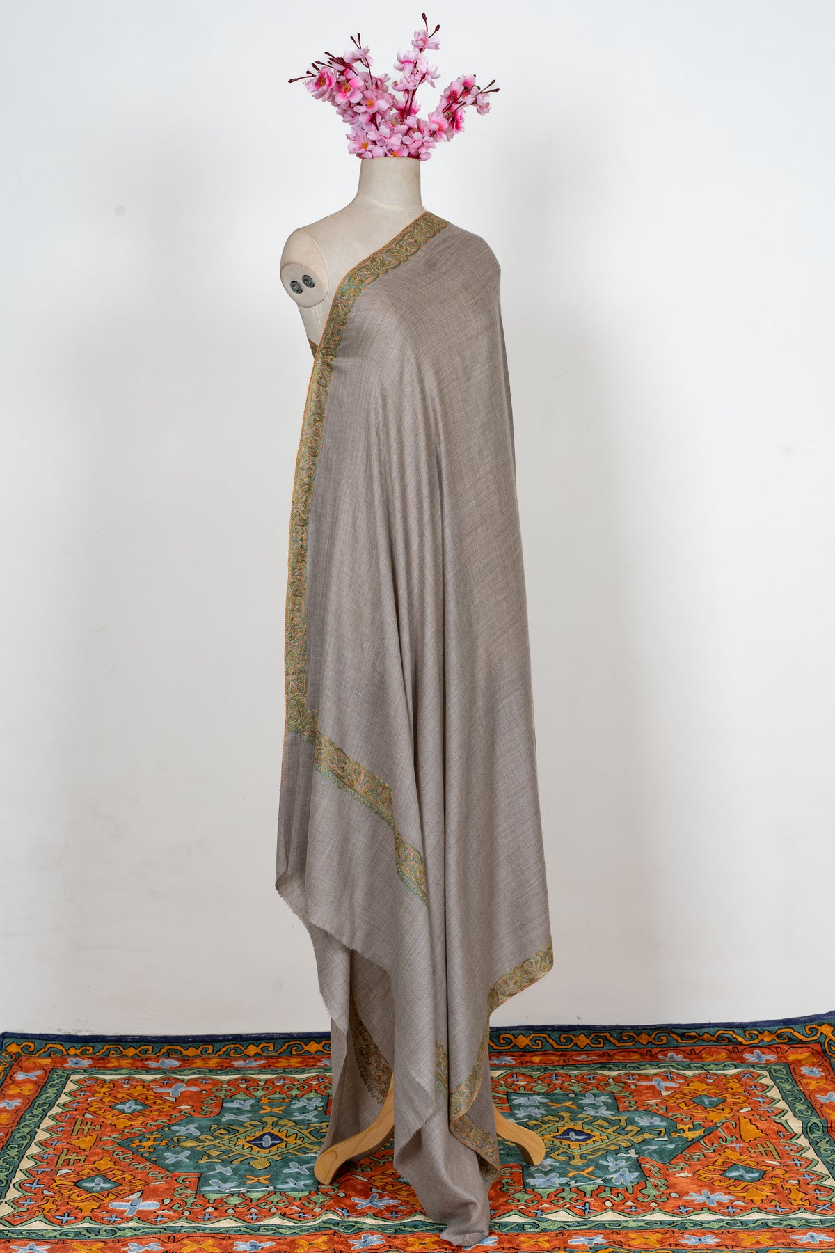 Meadow Taupe: Merino Wool Hand Embroidered 2.5 Yards Shawl
