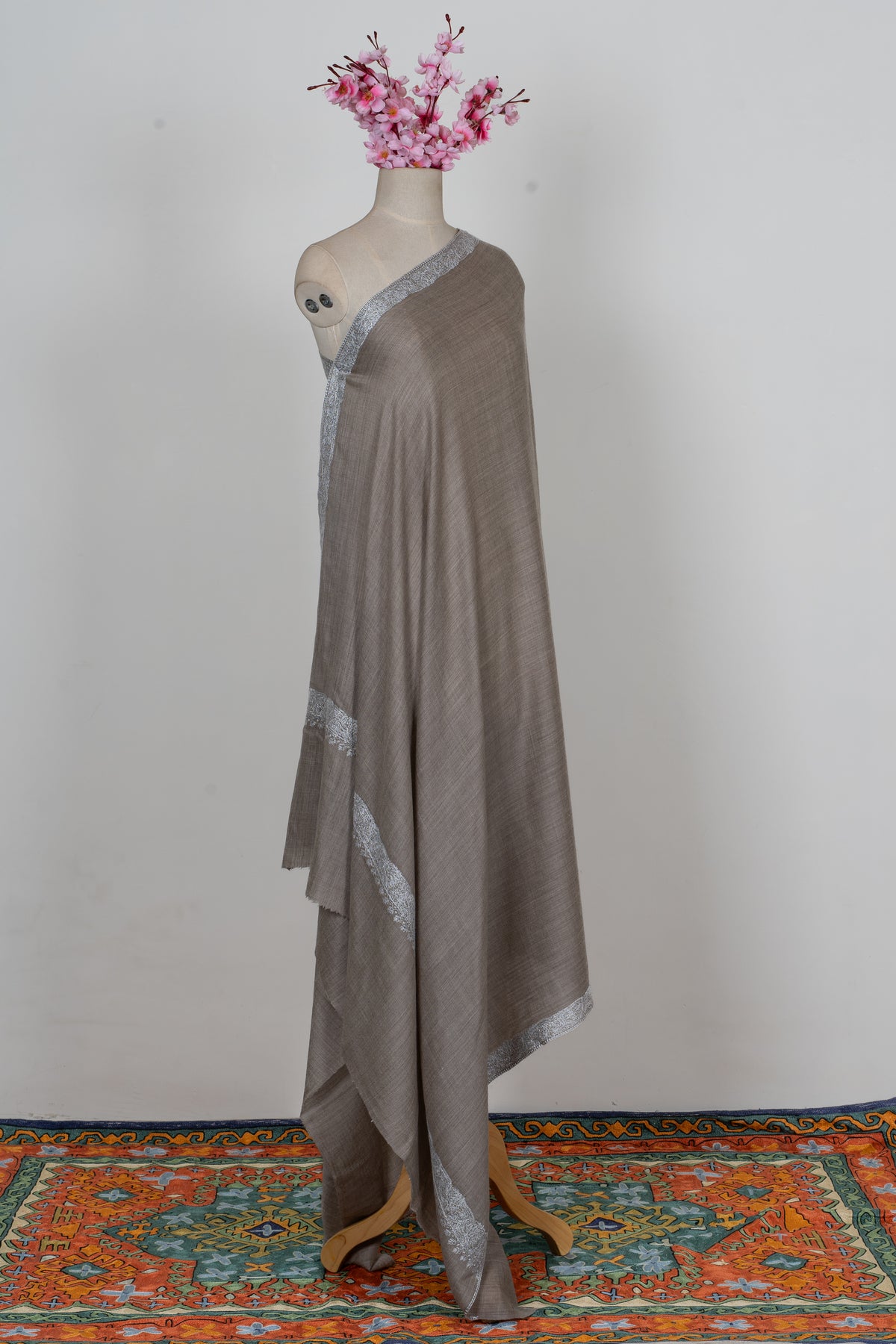Silver Ash: Merino Wool Hand Embroidered 2.5 Yards Shawl