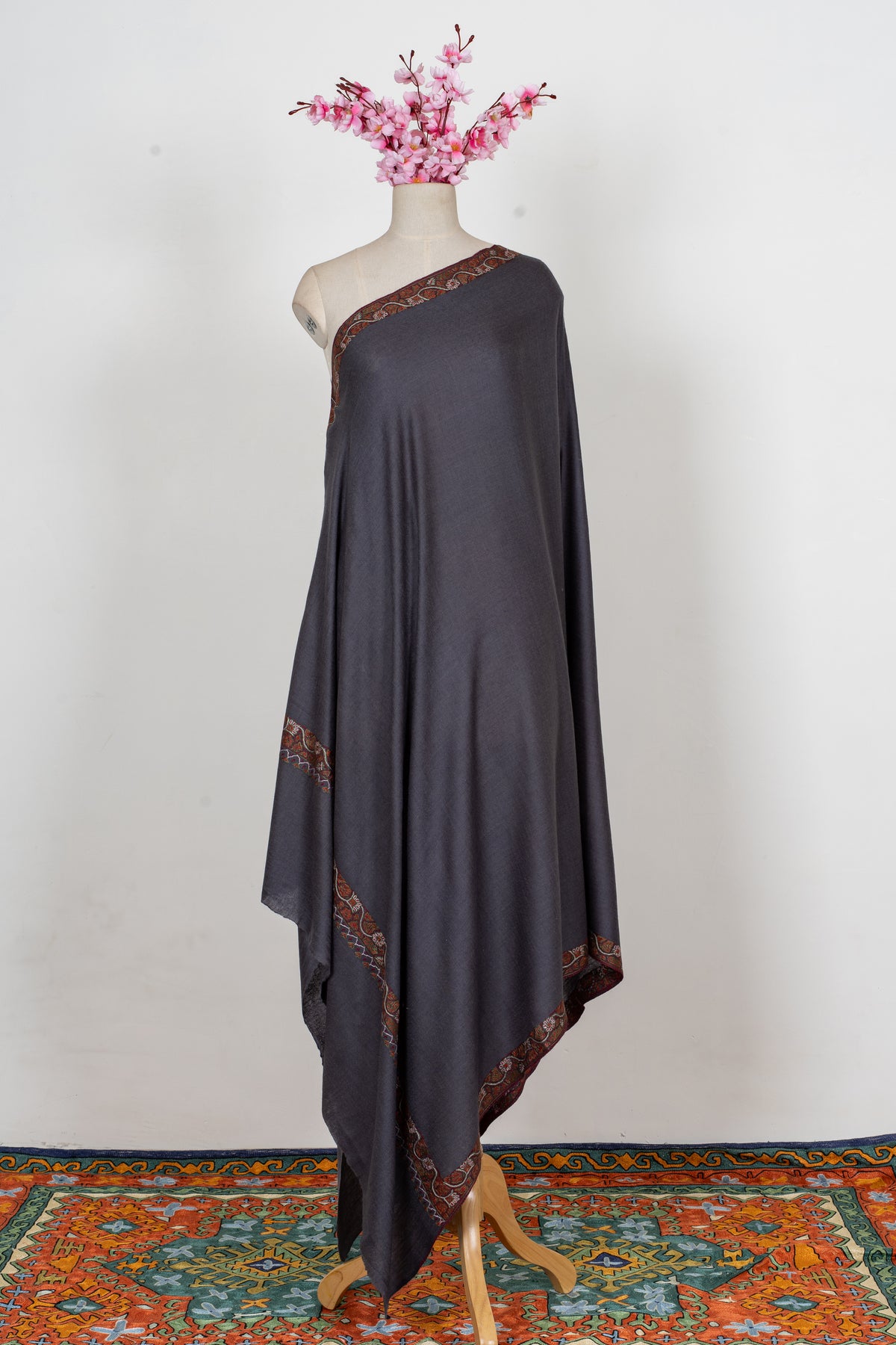 Midnight Charcoal: Merino Wool Hand Embroidered 2.5 Yards Shawl