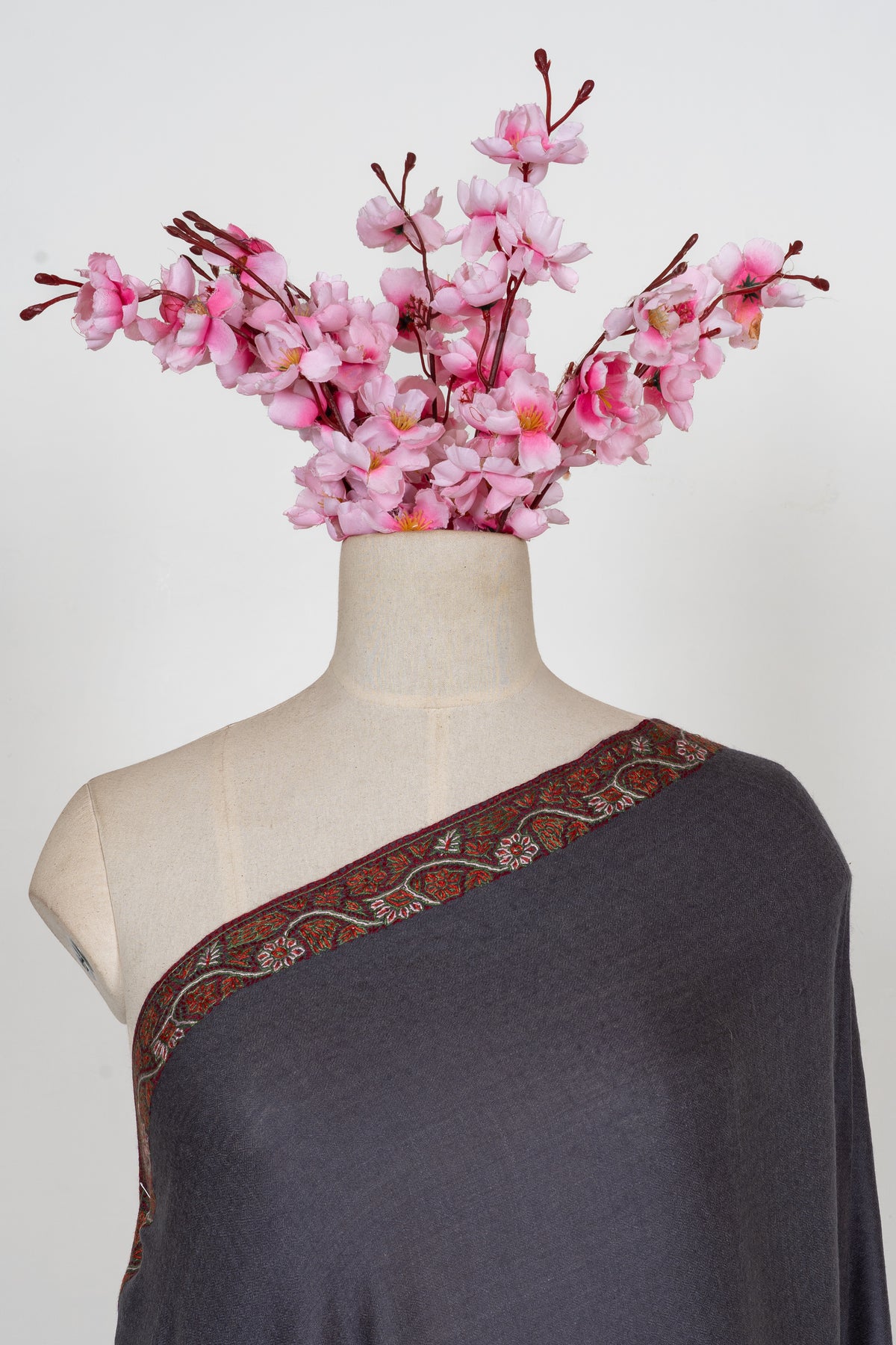 Midnight Charcoal: Merino Wool Hand Embroidered 2.5 Yards Shawl