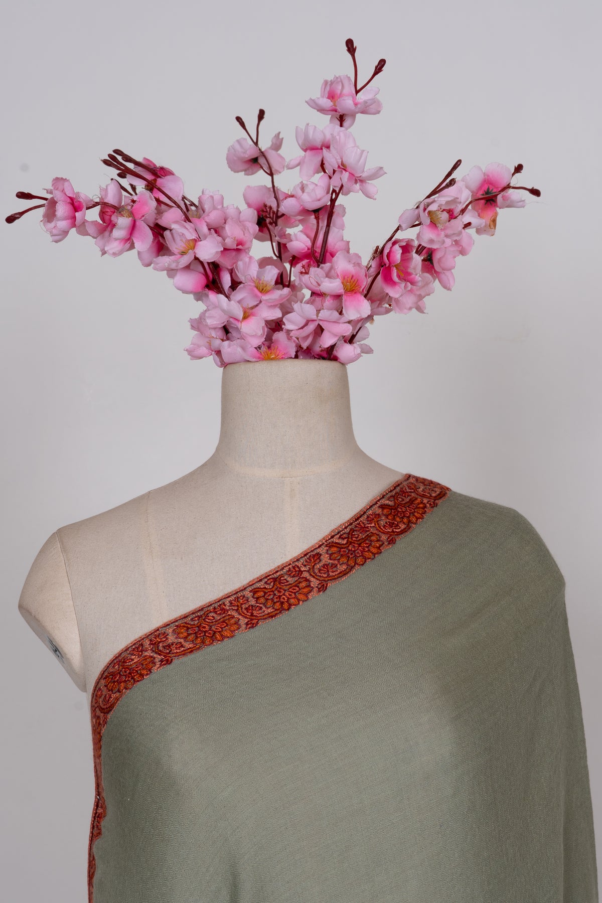 Sage Whisper: Merino Wool Hand Embroidered 2.5 Yards Shawl