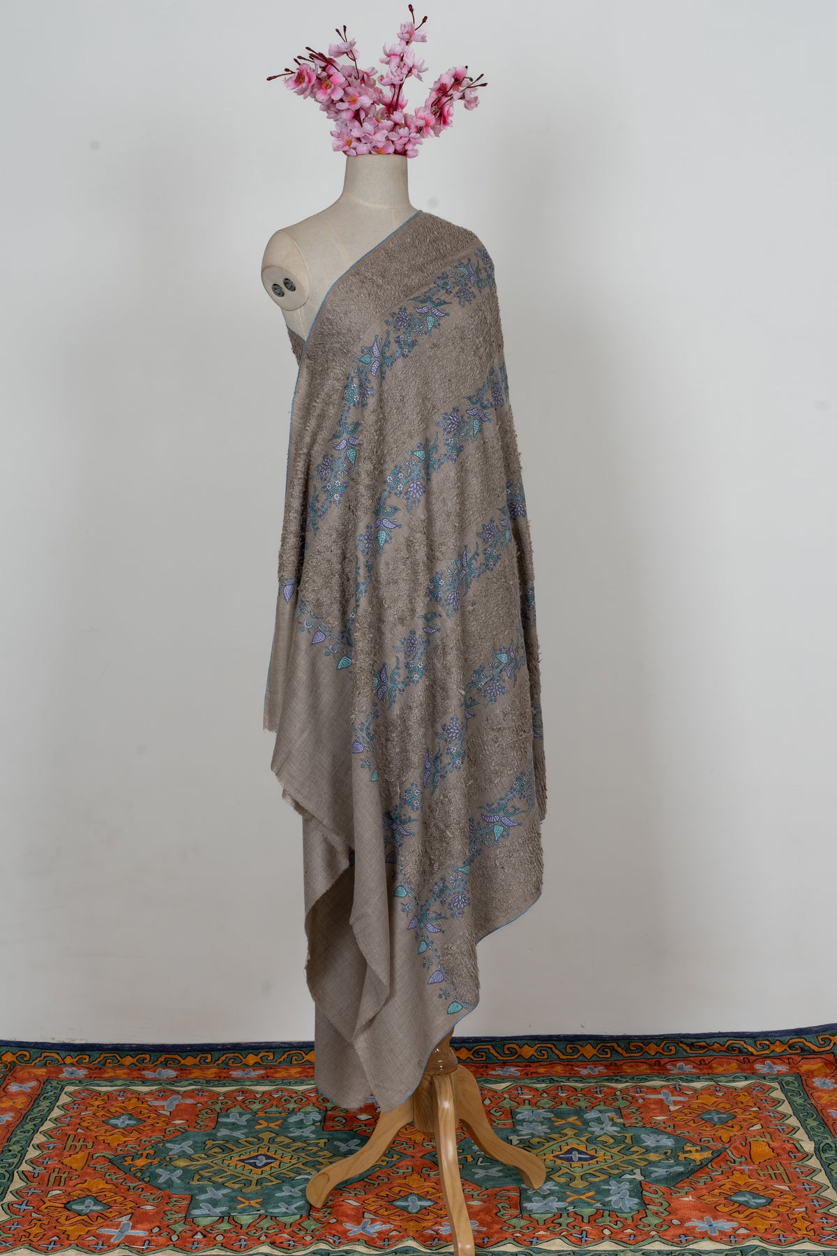 Earthbound Elegance: Pure Pashmina towel style Sozni Hand Embroidered Shawl