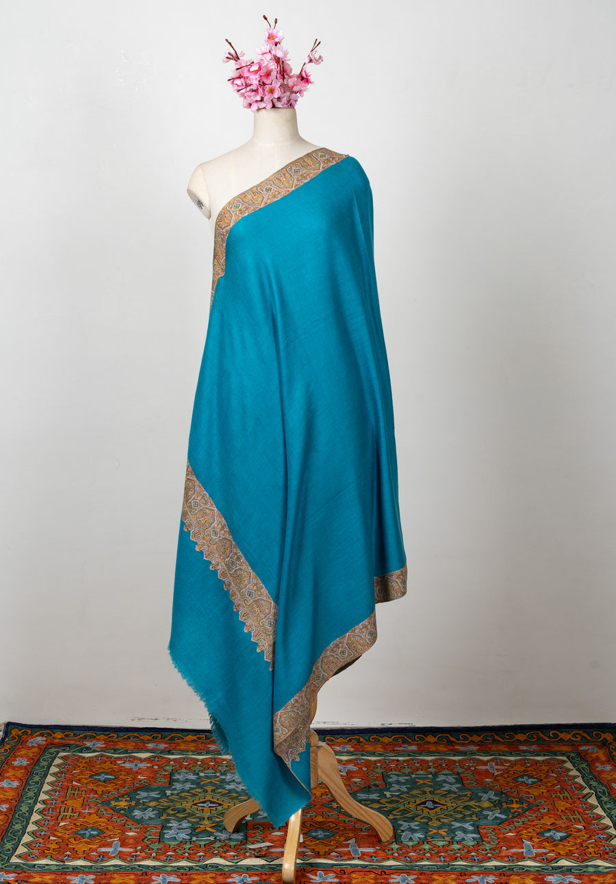 Sozni Hand Embroidered Pashmina: Turquoise Heritage Flow Border