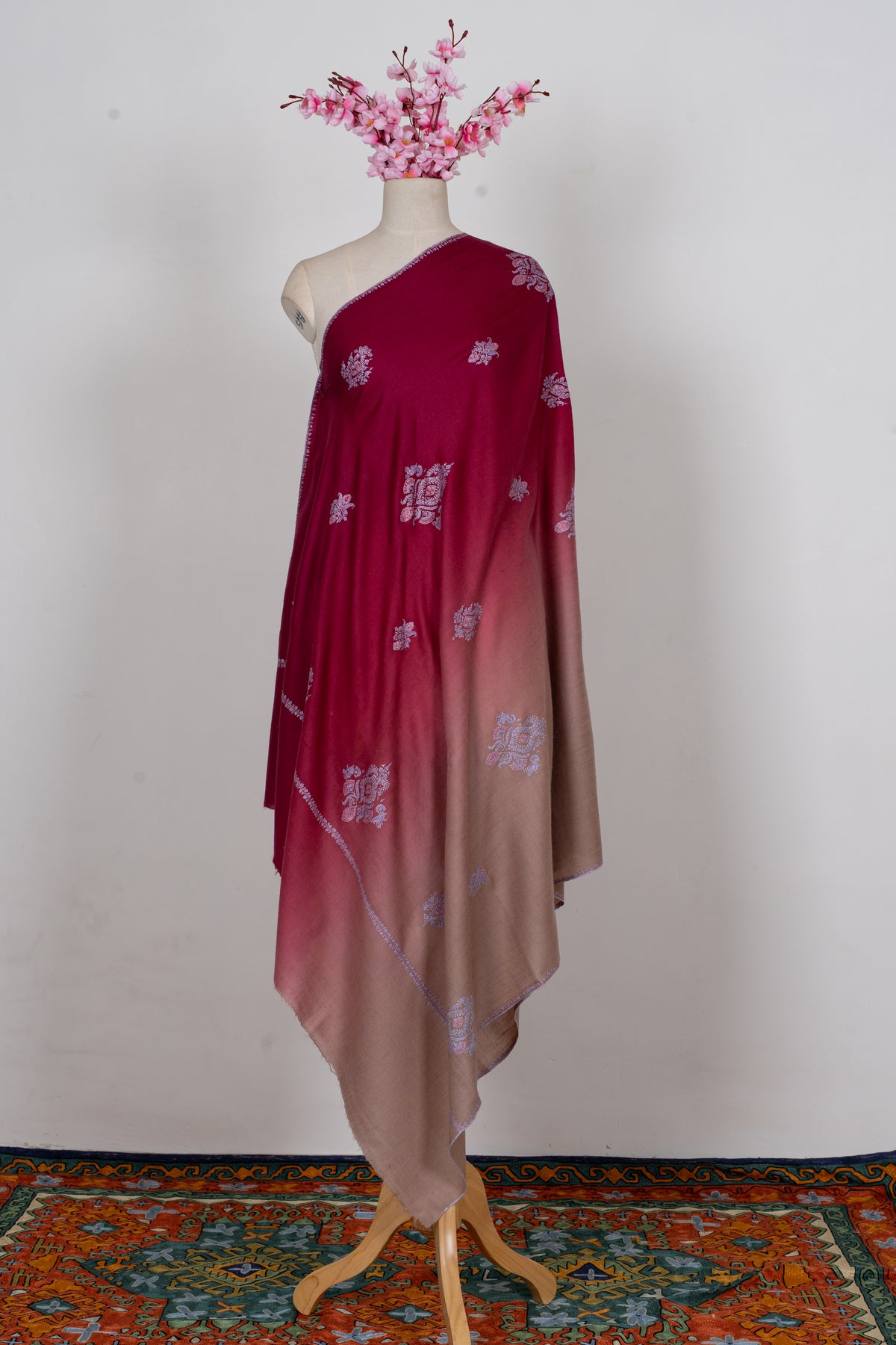 Crimson Fade: Pure Pashmina Sozni Hand Embroidered Shawl
