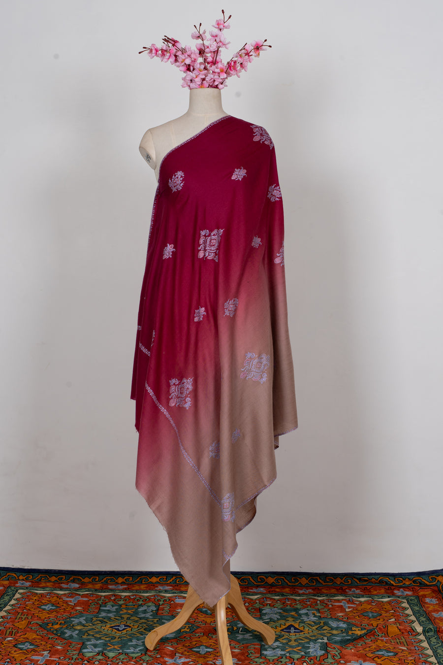 Crimson Fade: Pure Pashmina Sozni Hand Embroidered Shawl