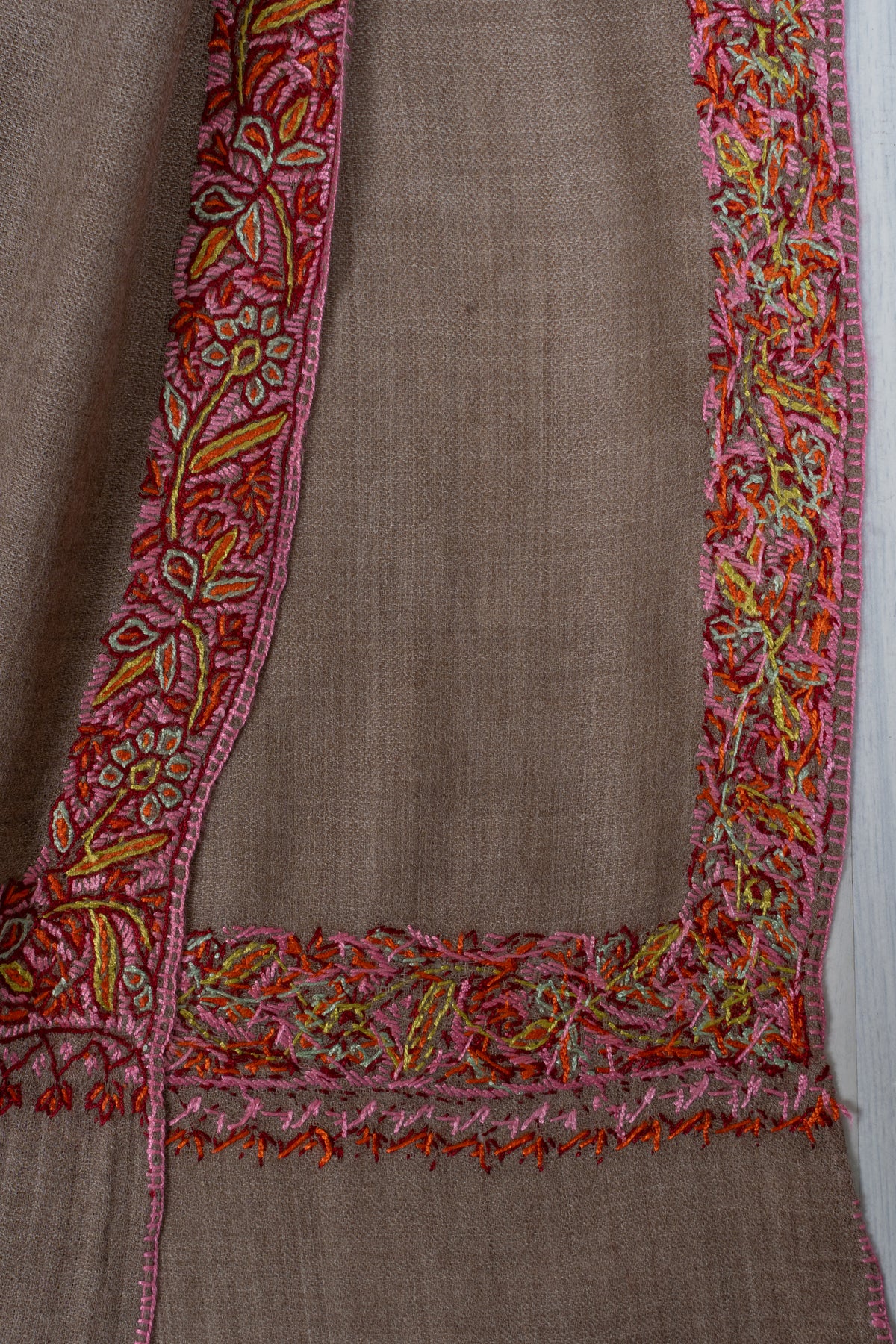 Taupe Rose Border Grace: Merino Wool Hand Embroidered 2.5 Yards Shawl