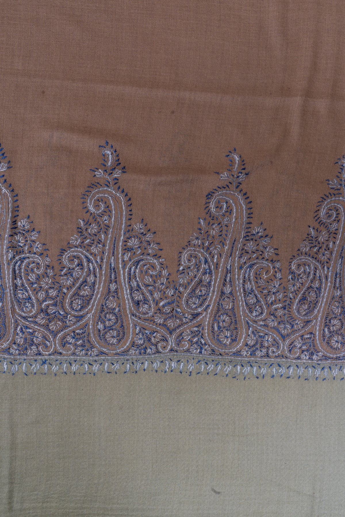Sandstone Blue Paisley Edge: Merino Wool Hand Embroidered 2.5 Yards Shawl