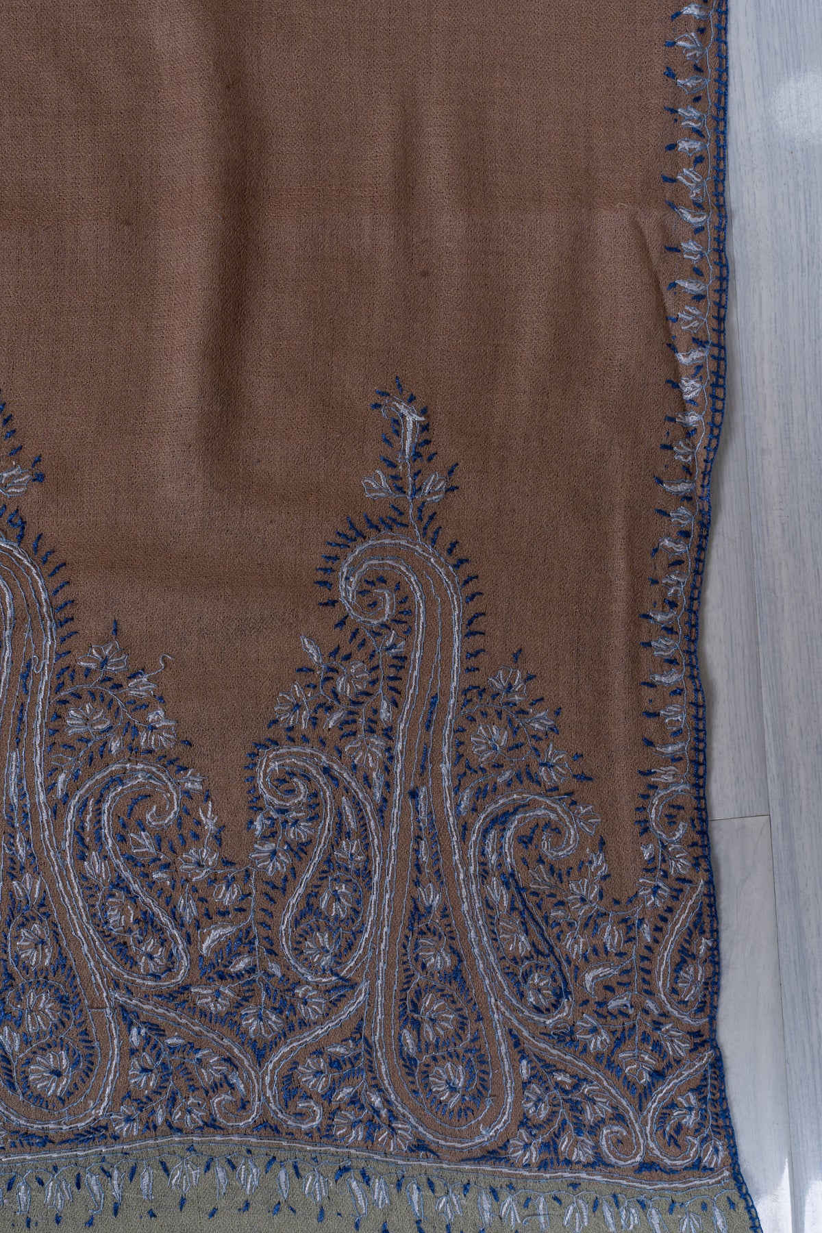 Sandstone Blue Paisley Edge: Merino Wool Hand Embroidered 2.5 Yards Shawl