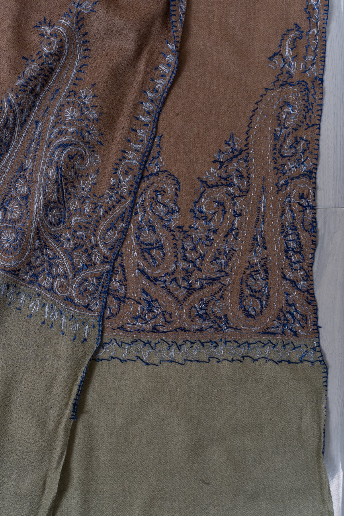 Sandstone Blue Paisley Edge: Merino Wool Hand Embroidered 2.5 Yards Shawl