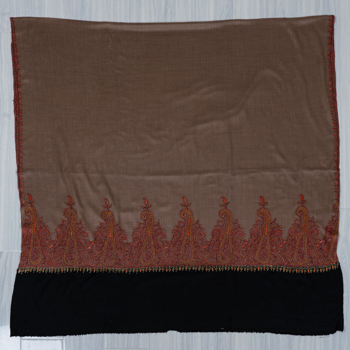 Mocha Crimson Border Grace: Merino Wool Hand Embroidered 2.5 Yards Shawl