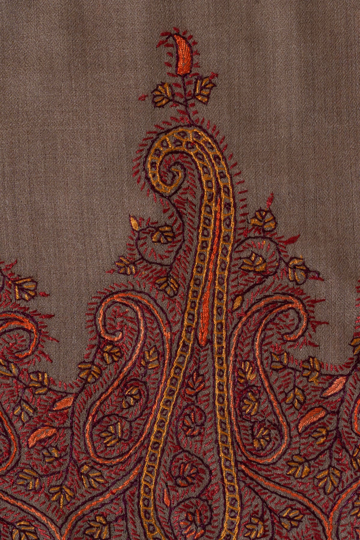 Mocha Crimson Border Grace: Merino Wool Hand Embroidered 2.5 Yards Shawl