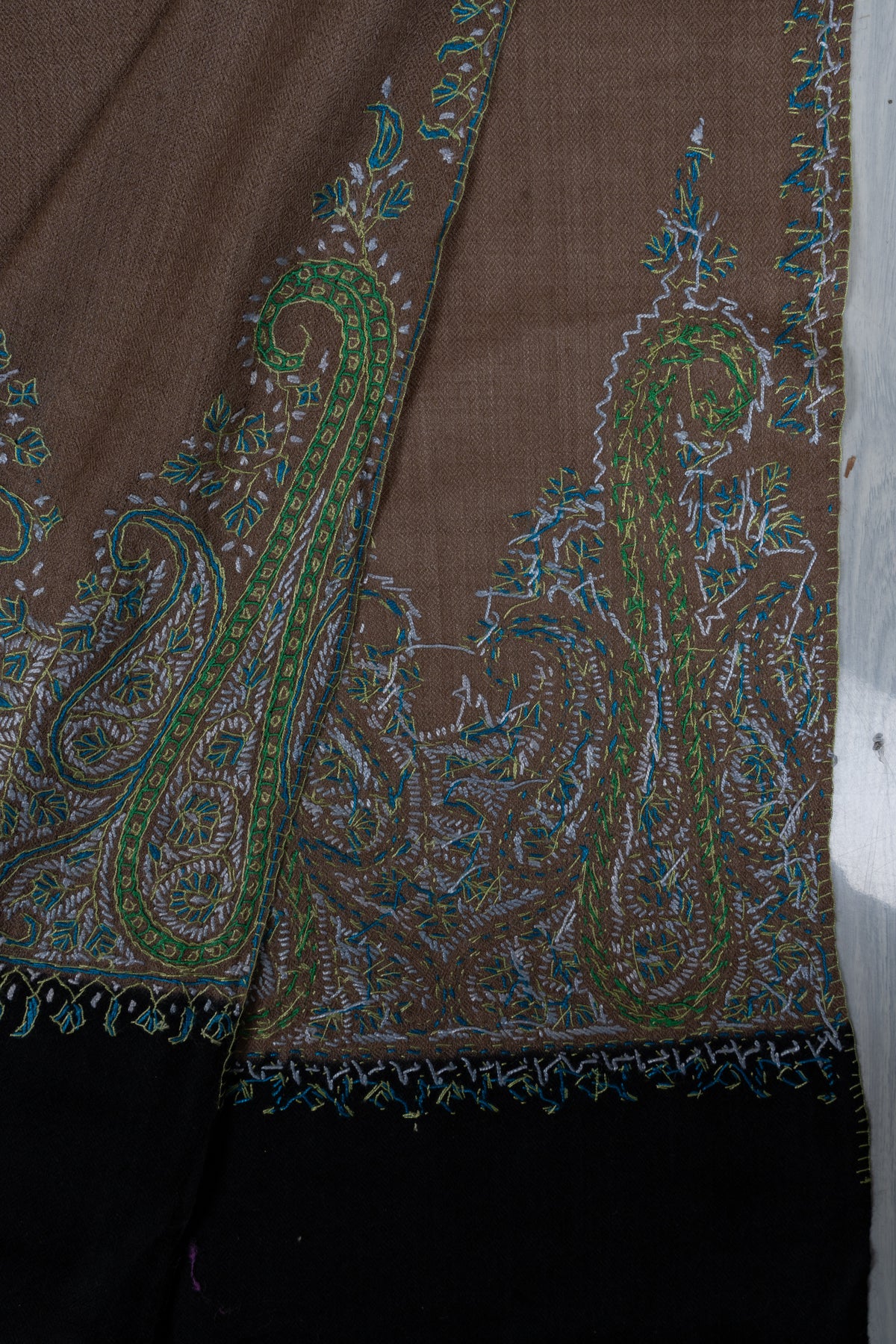 Cocoa Teal Paisley Elegance: Merino Wool Hand Embroidered 2.5 Yards Shawl