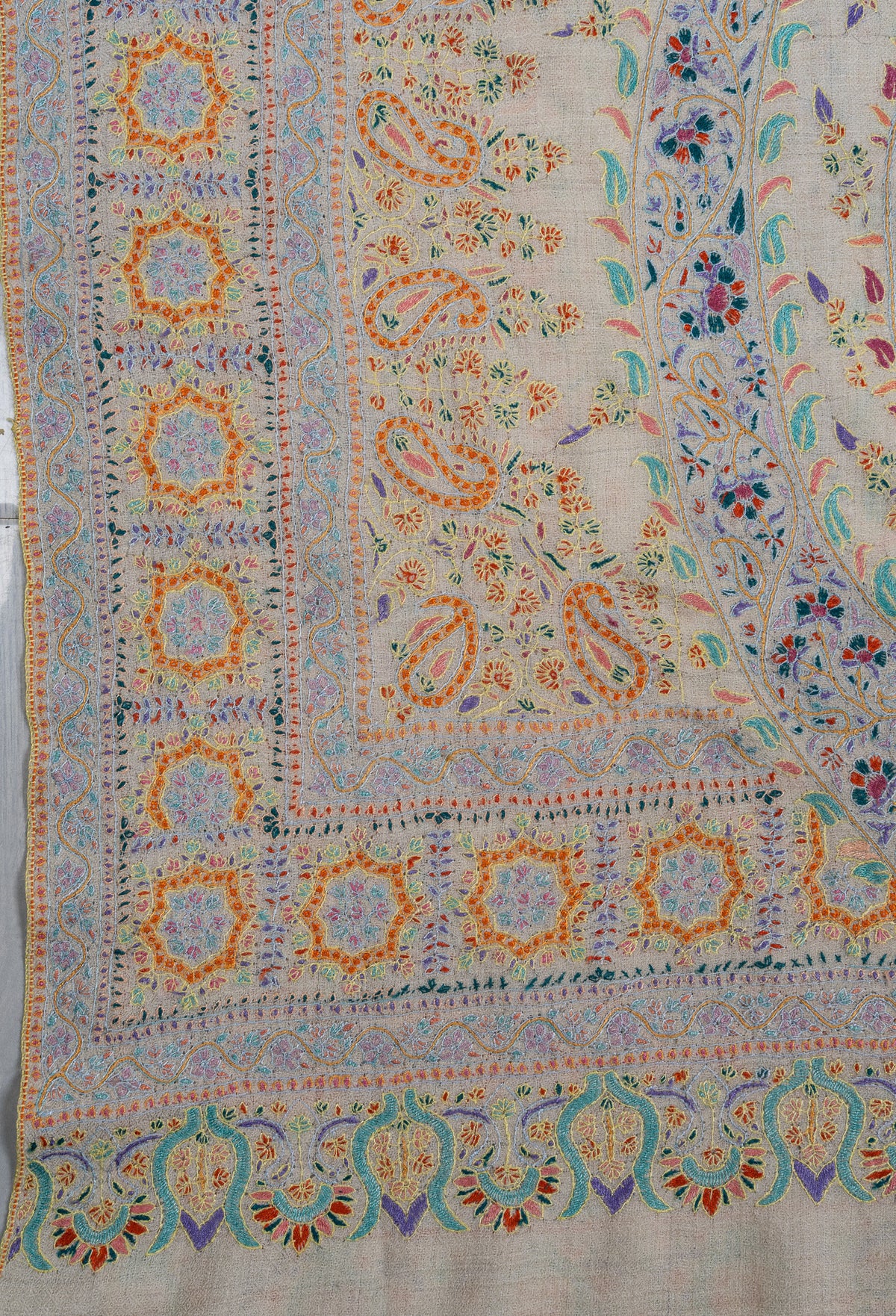 Sozni Hand Embroidered Pashmina: Ivory Multicolour Heritage Panel