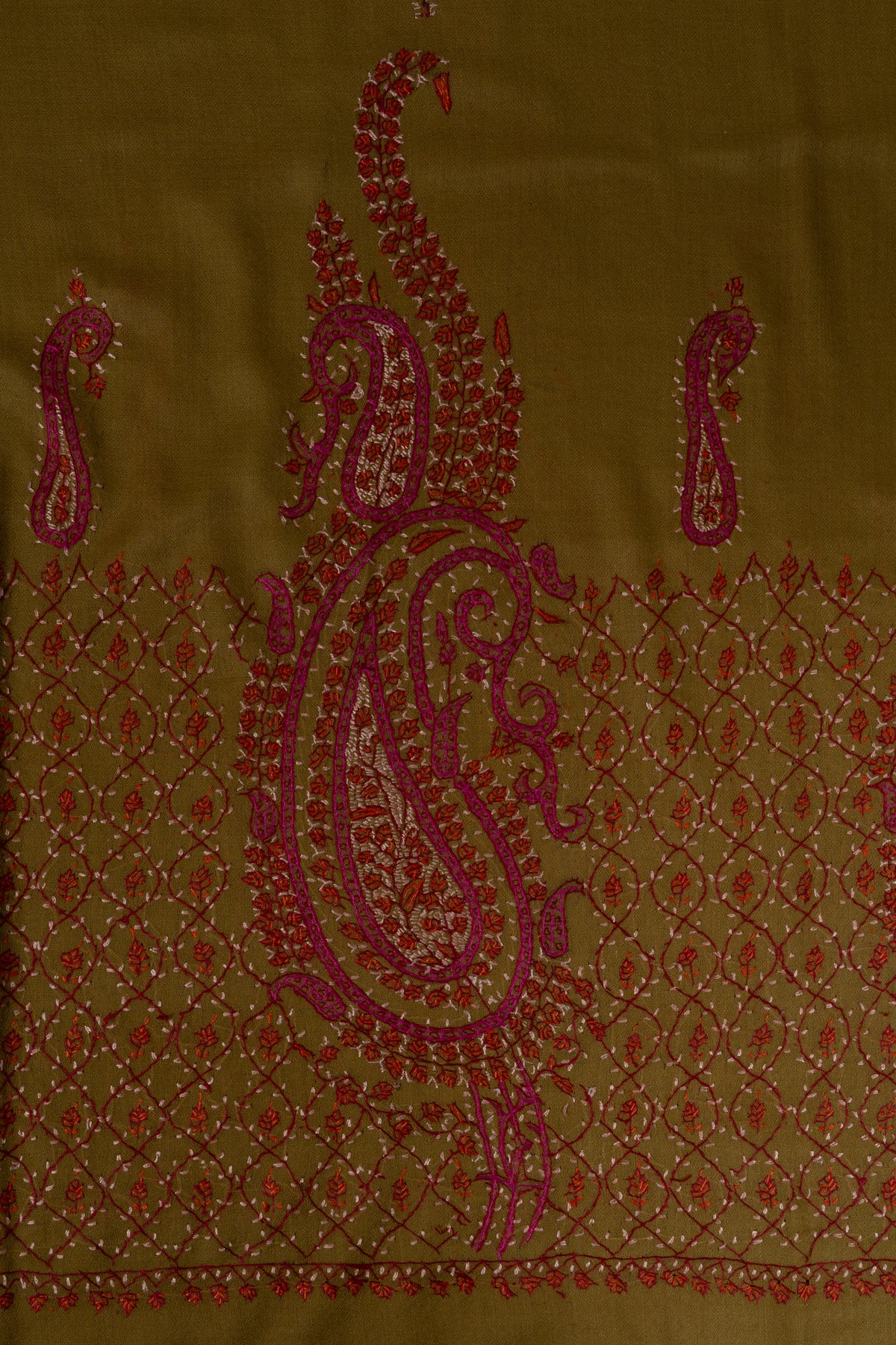 Olive Rose Paisley Accent: Merino Wool Hand Embroidered 2.5 Yards Shawl