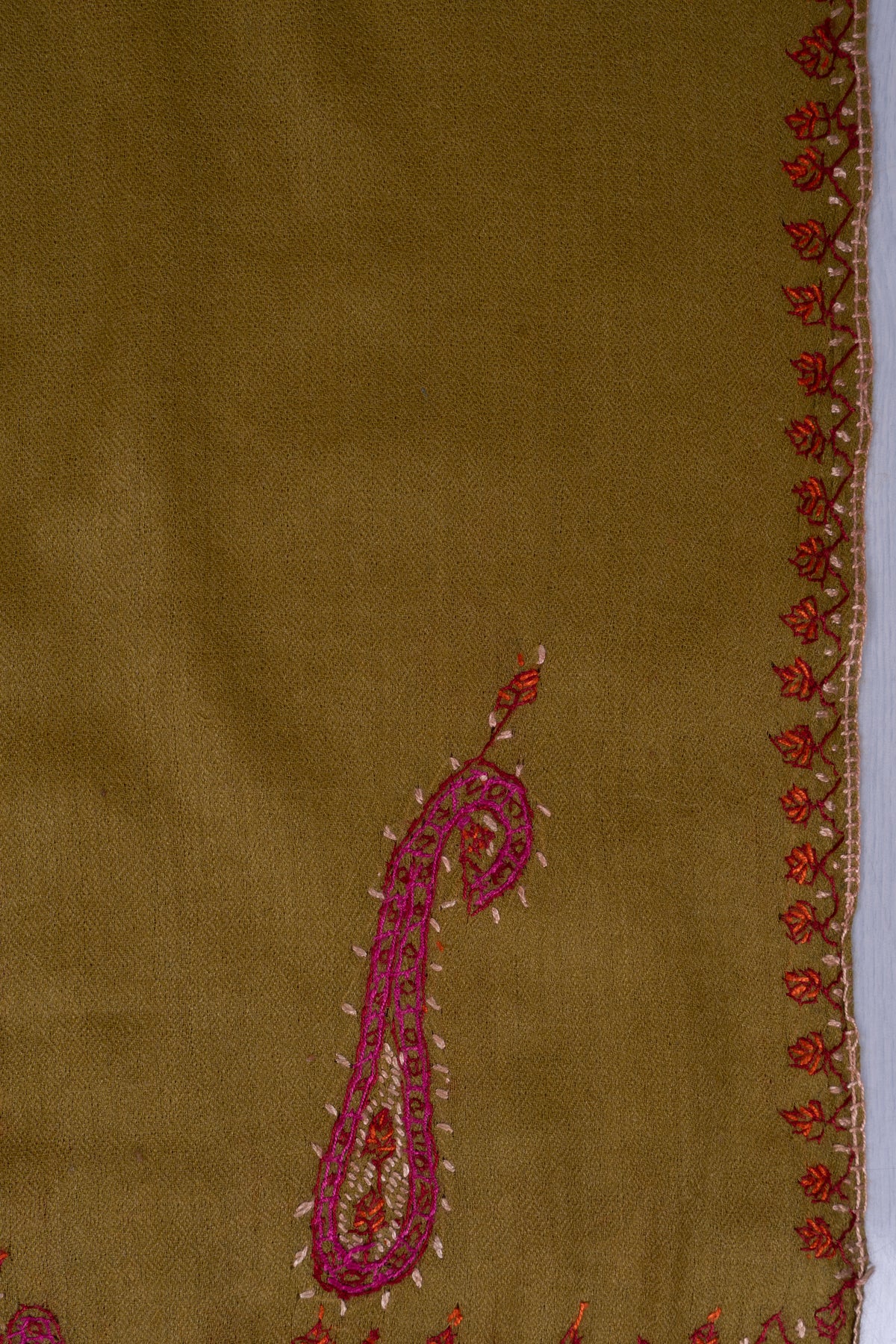 Olive Rose Paisley Accent: Merino Wool Hand Embroidered 2.5 Yards Shawl