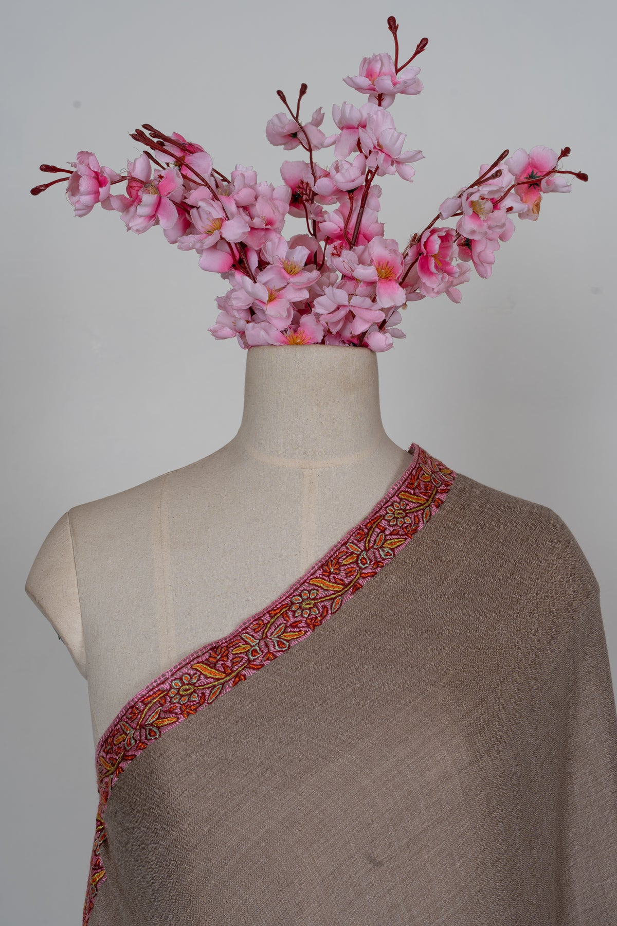 Taupe Rose Border Grace: Merino Wool Hand Embroidered 2.5 Yards Shawl