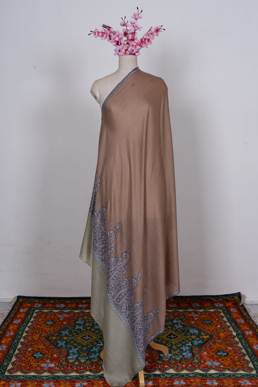 Sandstone Blue Paisley Edge: Merino Wool Hand Embroidered 2.5 Yards Shawl