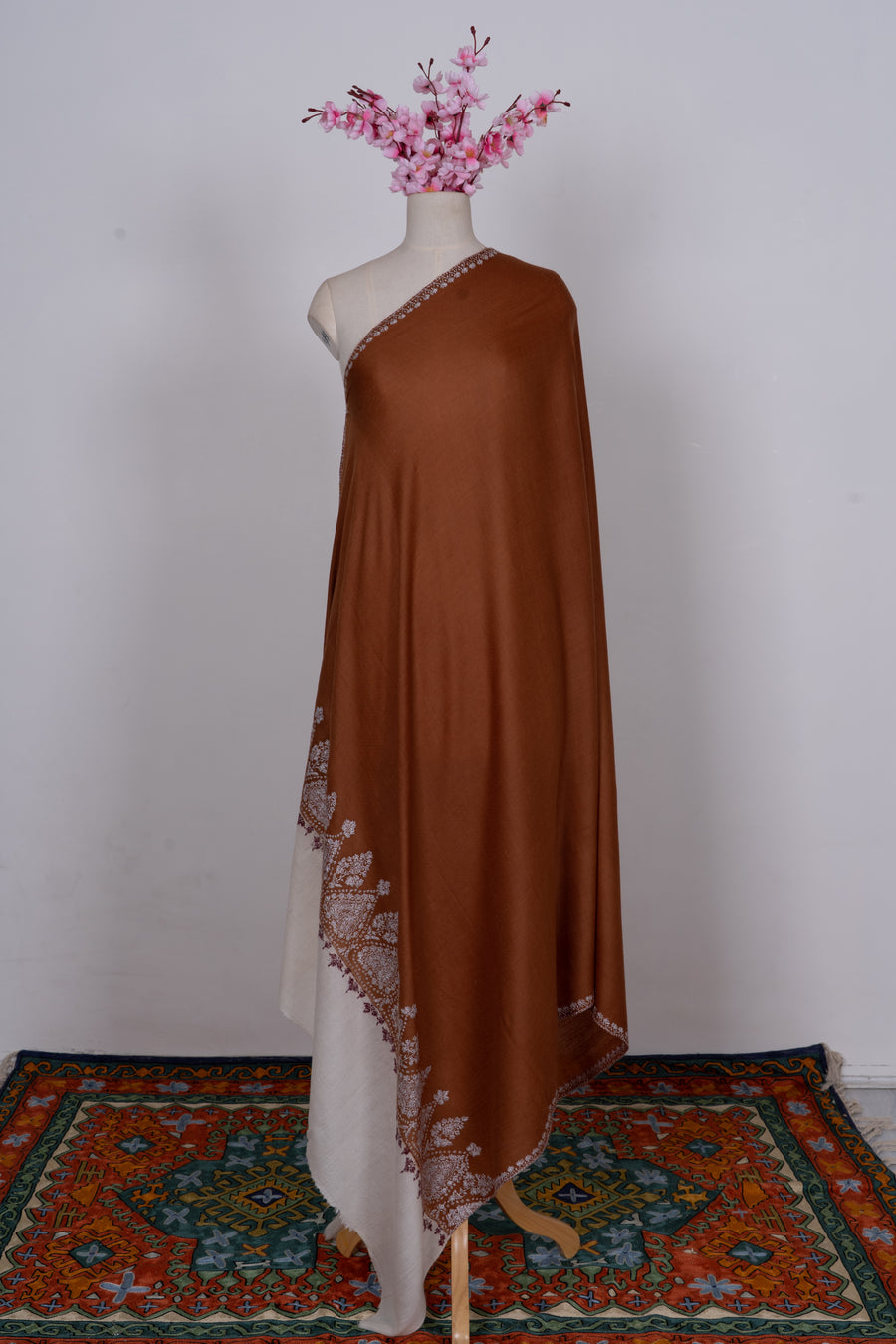 Burnt Sienna Ivory Border: Merino Wool Hand Embroidered 2.5 Yards Shawl