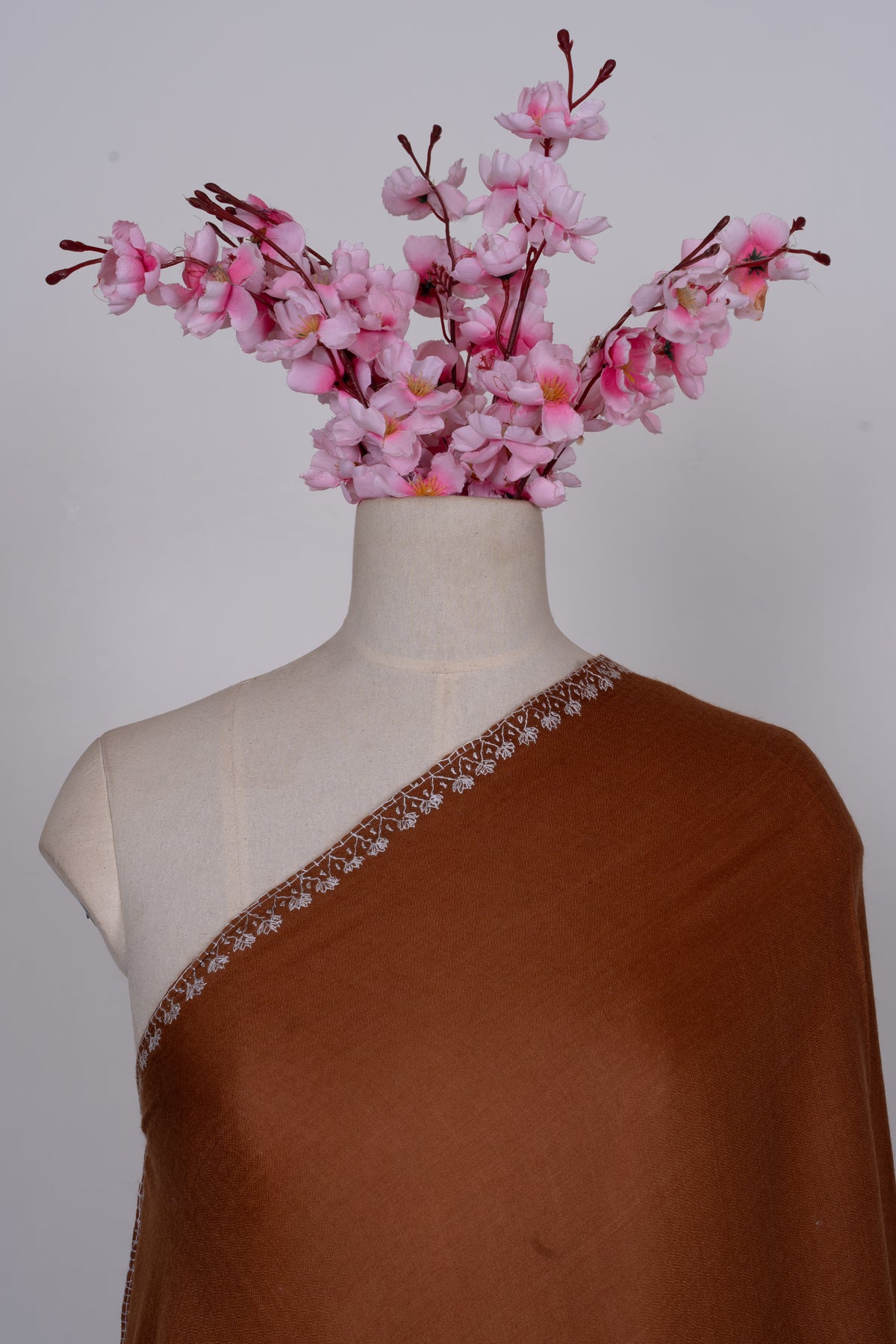 Burnt Sienna Ivory Border: Merino Wool Hand Embroidered 2.5 Yards Shawl