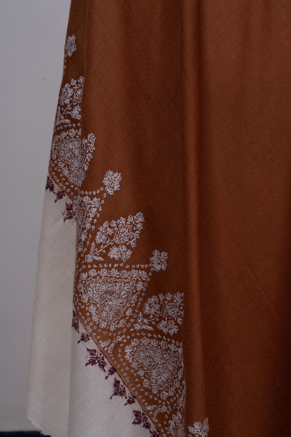 Burnt Sienna Ivory Border: Merino Wool Hand Embroidered 2.5 Yards Shawl