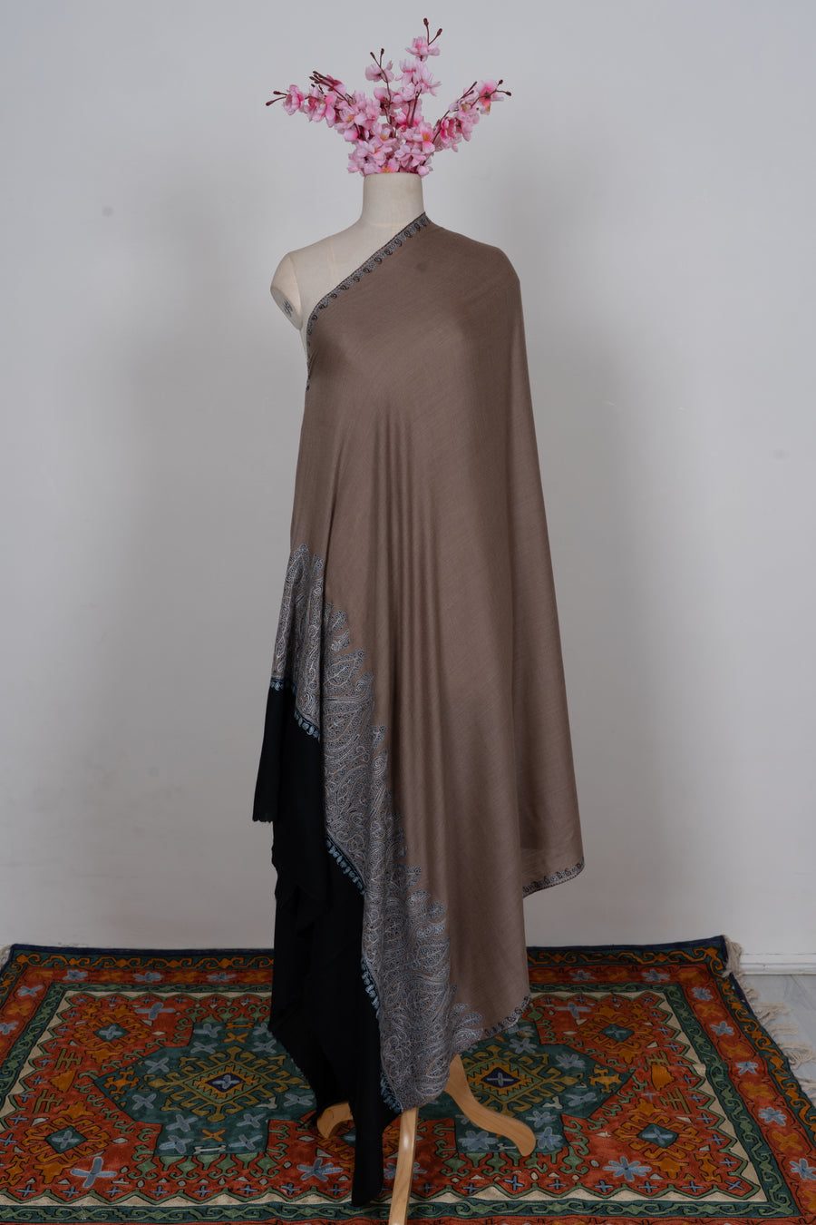 Taupe Silver Heritage Border: Merino Wool Hand Embroidered 2.5 Yards Shawl