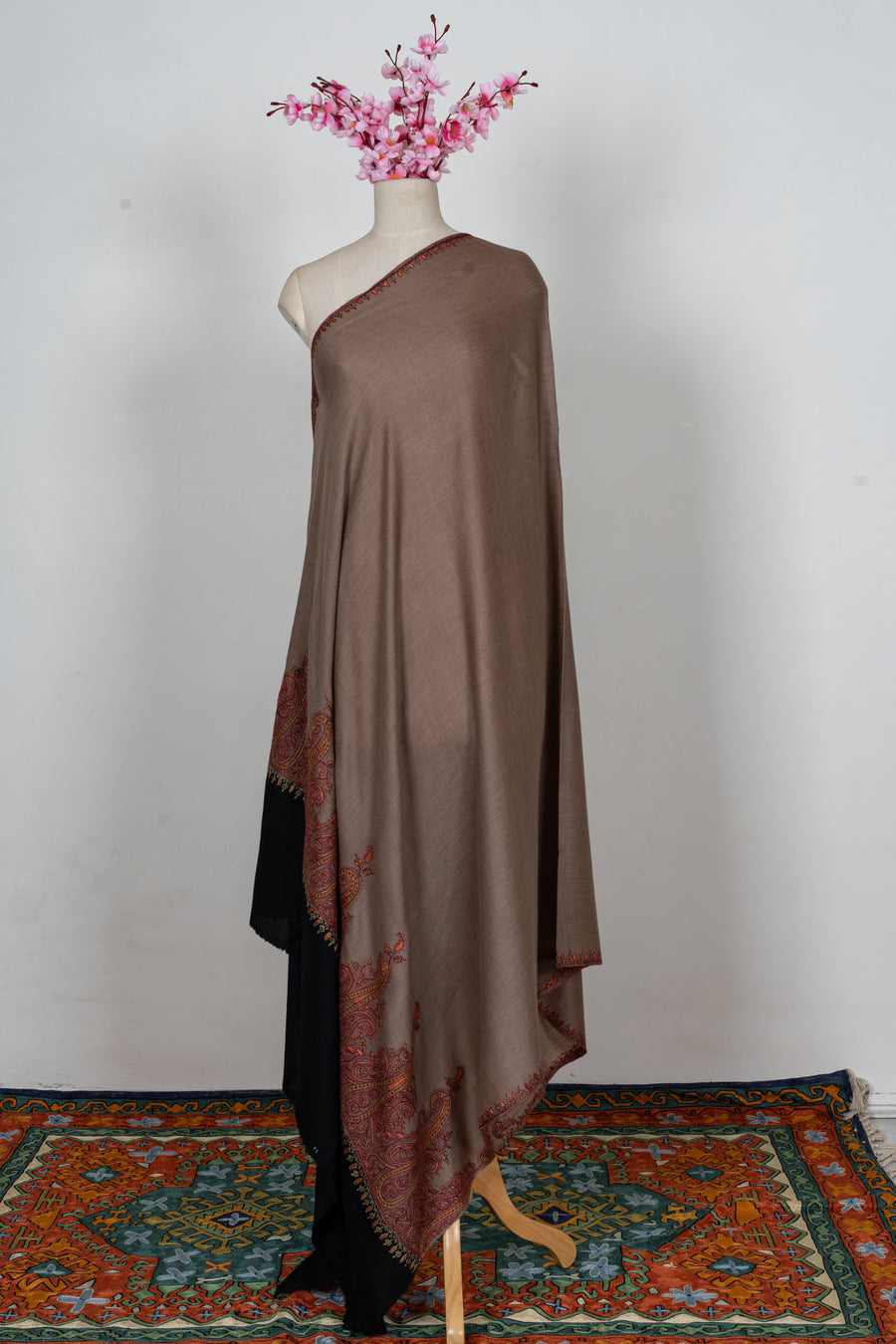 Mocha Crimson Border Grace: Merino Wool Hand Embroidered 2.5 Yards Shawl