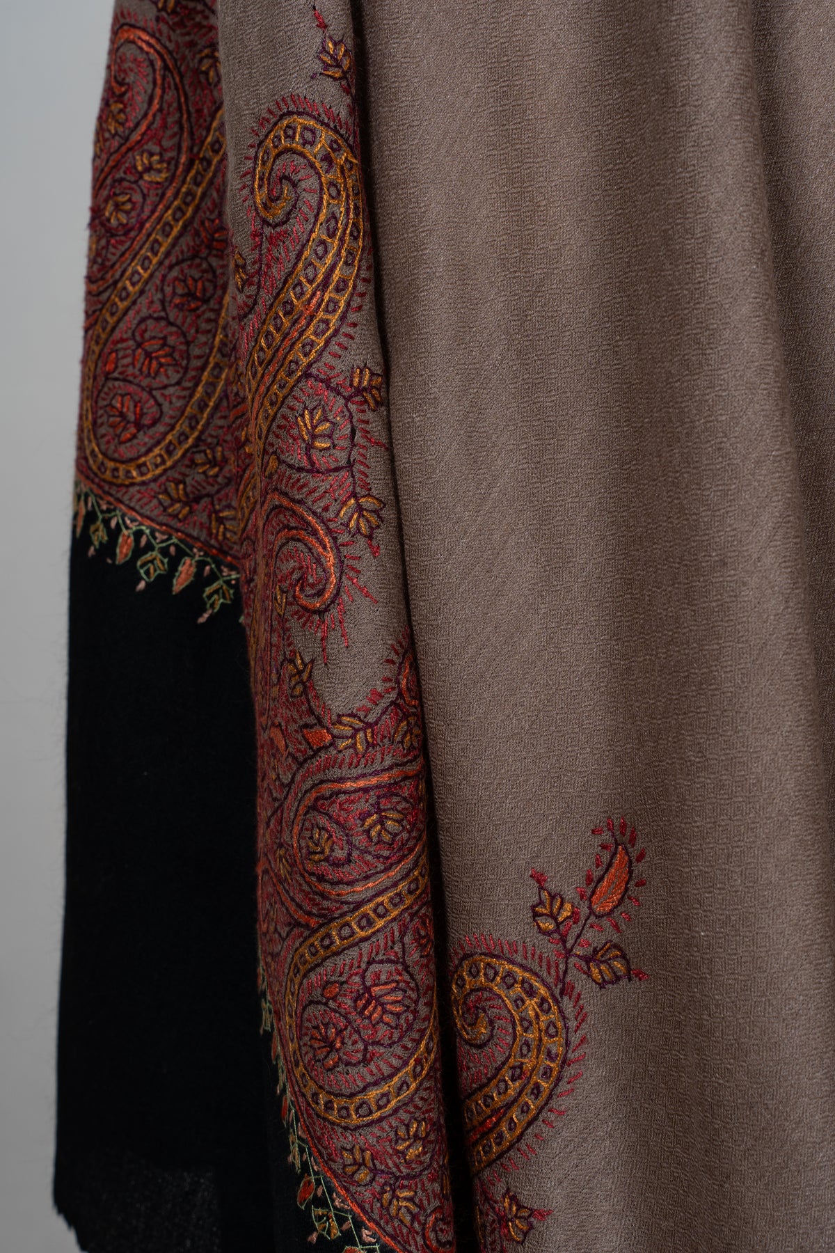 Mocha Crimson Border Grace: Merino Wool Hand Embroidered 2.5 Yards Shawl