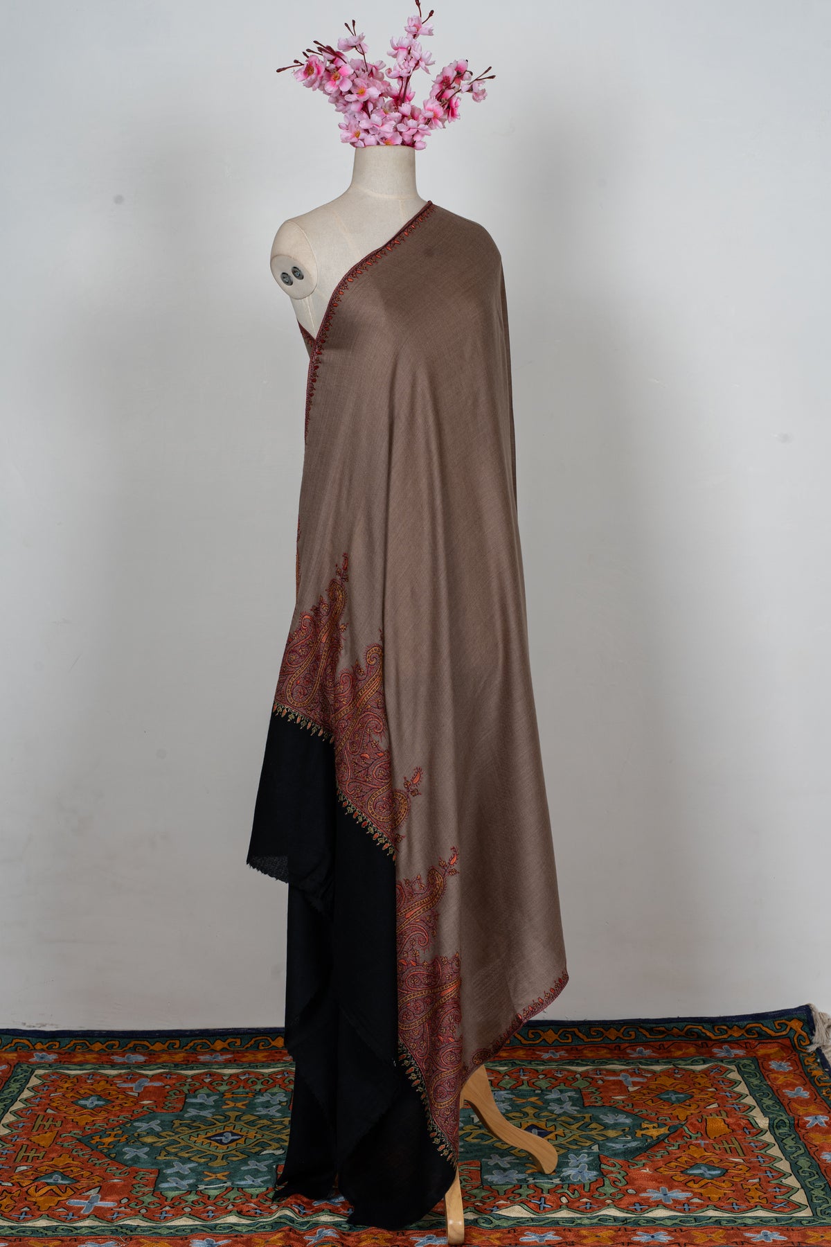 Mocha Crimson Border Grace: Merino Wool Hand Embroidered 2.5 Yards Shawl