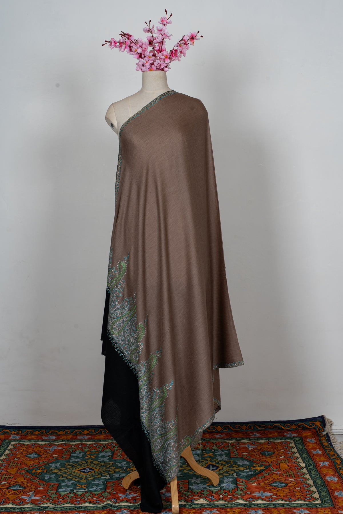Cocoa Teal Paisley Elegance: Merino Wool Hand Embroidered 2.5 Yards Shawl