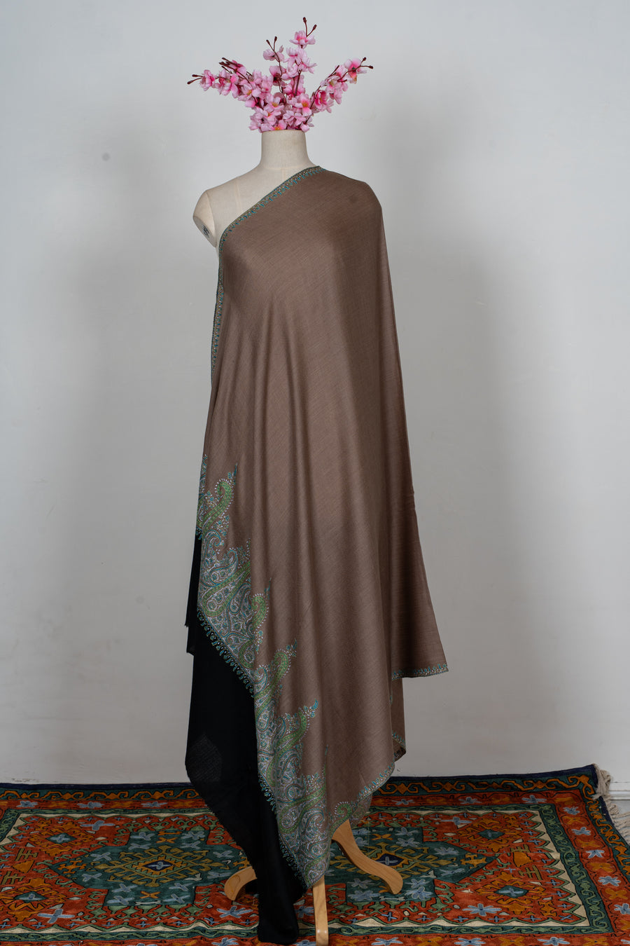 Cocoa Teal Paisley Elegance: Merino Wool Hand Embroidered 2.5 Yards Shawl