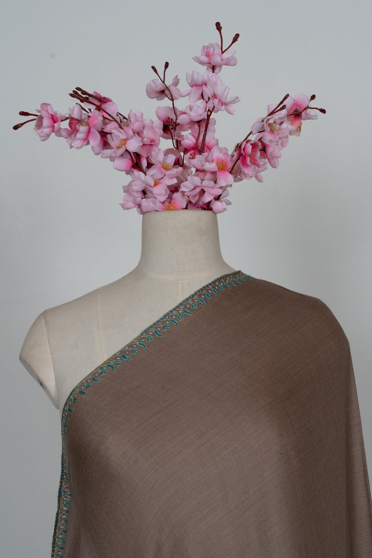 Cocoa Teal Paisley Elegance: Merino Wool Hand Embroidered 2.5 Yards Shawl