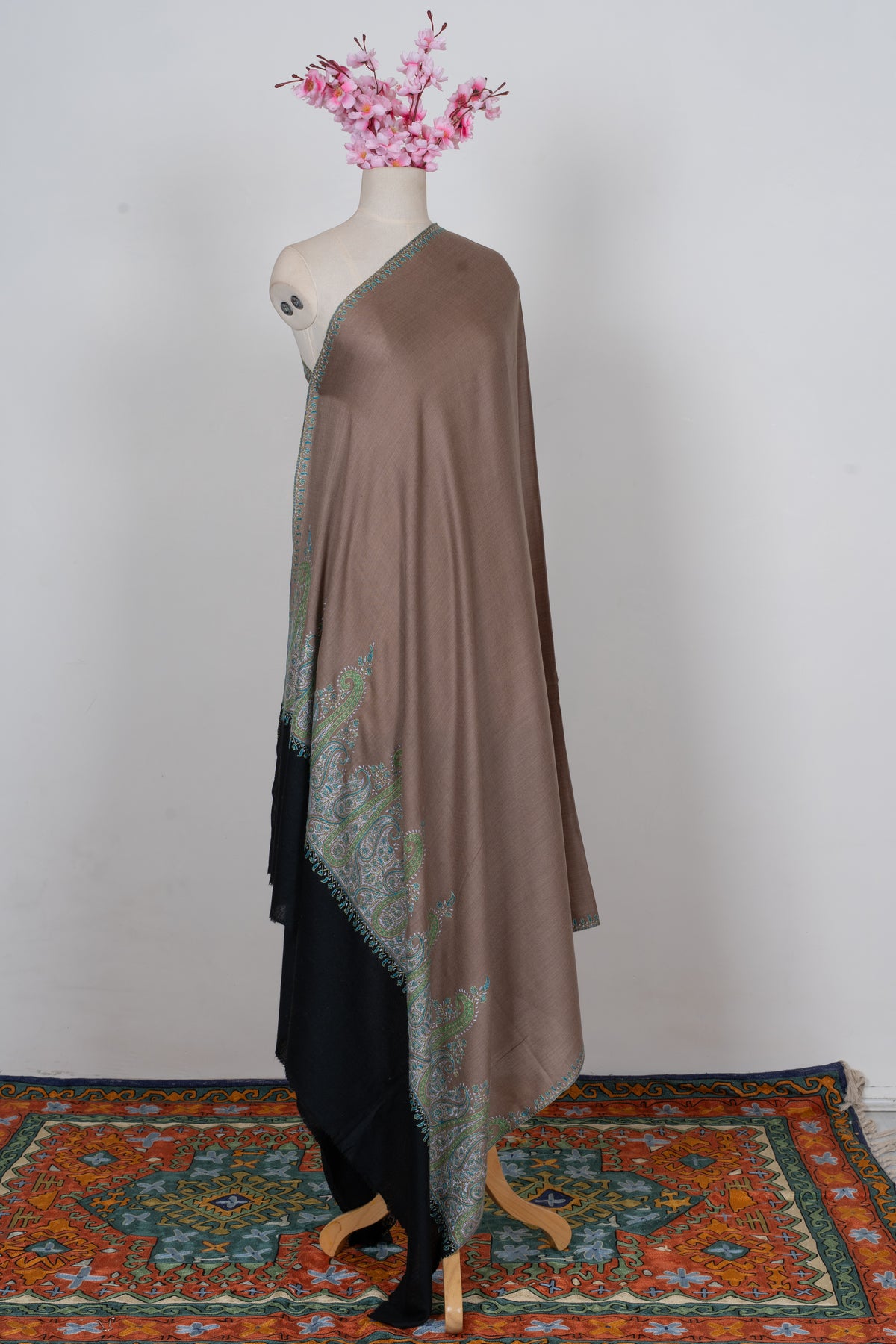 Cocoa Teal Paisley Elegance: Merino Wool Hand Embroidered 2.5 Yards Shawl