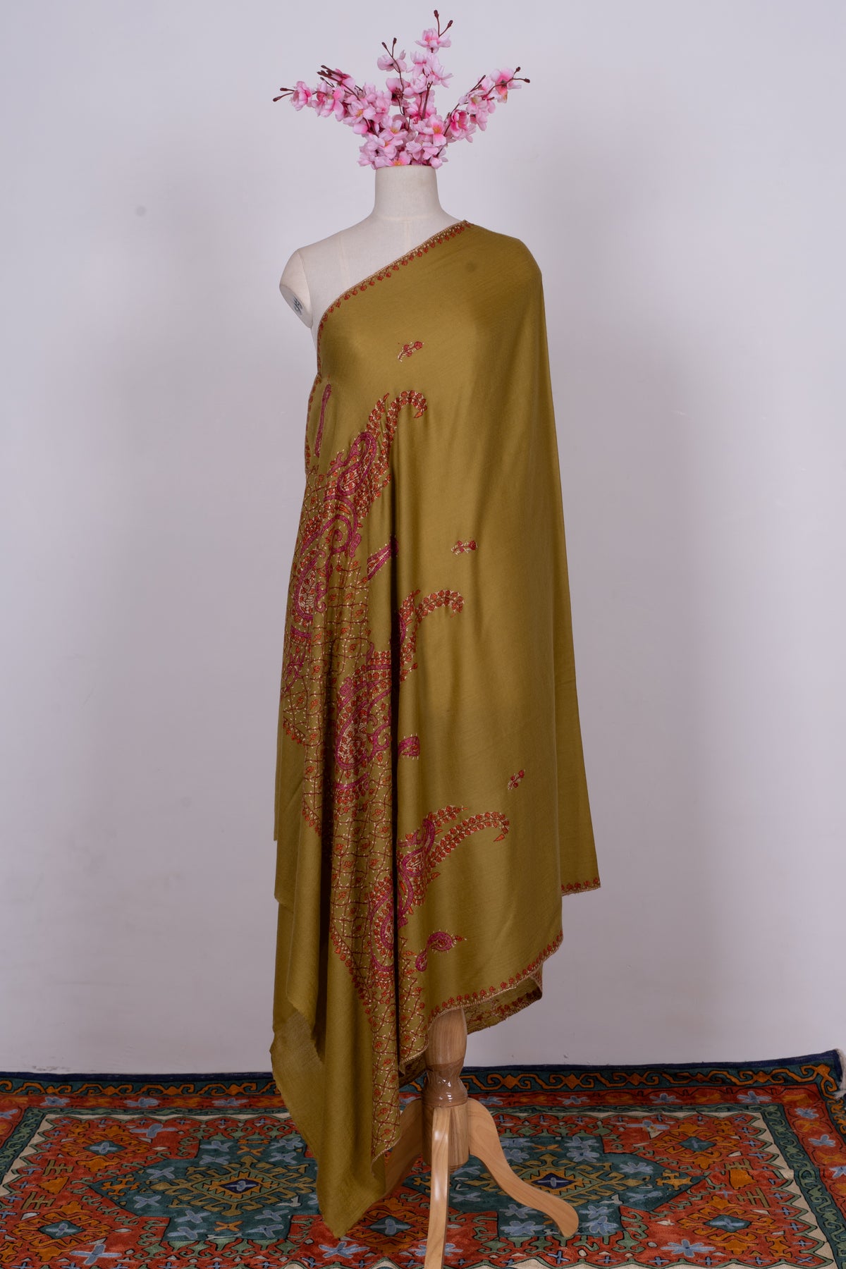 Olive Rose Paisley Accent: Merino Wool Hand Embroidered 2.5 Yards Shawl